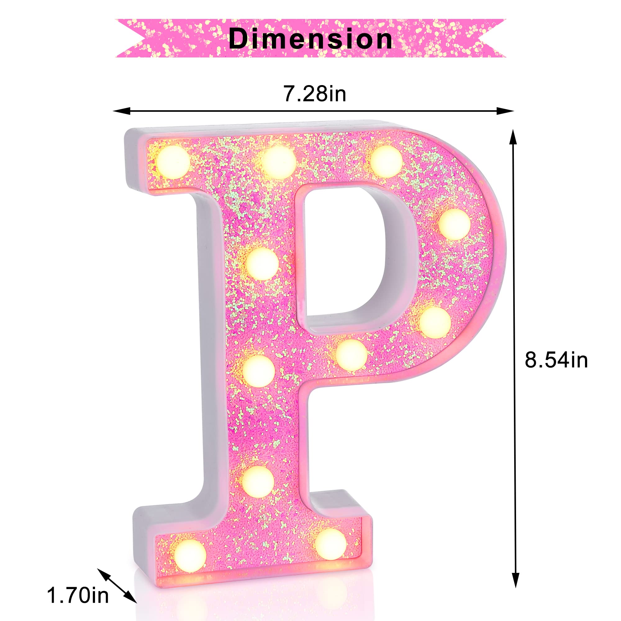 Foaky Led Letter Lights Sign Light Up Pink Letters Glitter Alphabet Letter Sign For Night Light Wedding/Birthday Party Battery Powered Christmas Lamp Girls Gifts Home Bar Decoration(P)