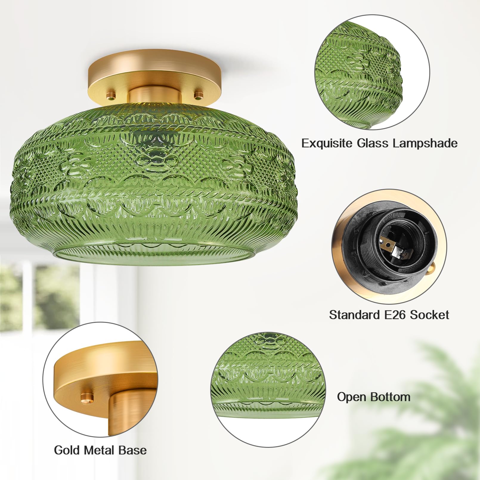 APOTO 11" Green Globe Glass Semi Flush Mount Ceiling Light Fixture, Vintage Design for Kitchen & Bedroom, Model 3028C-11IN-GRUS