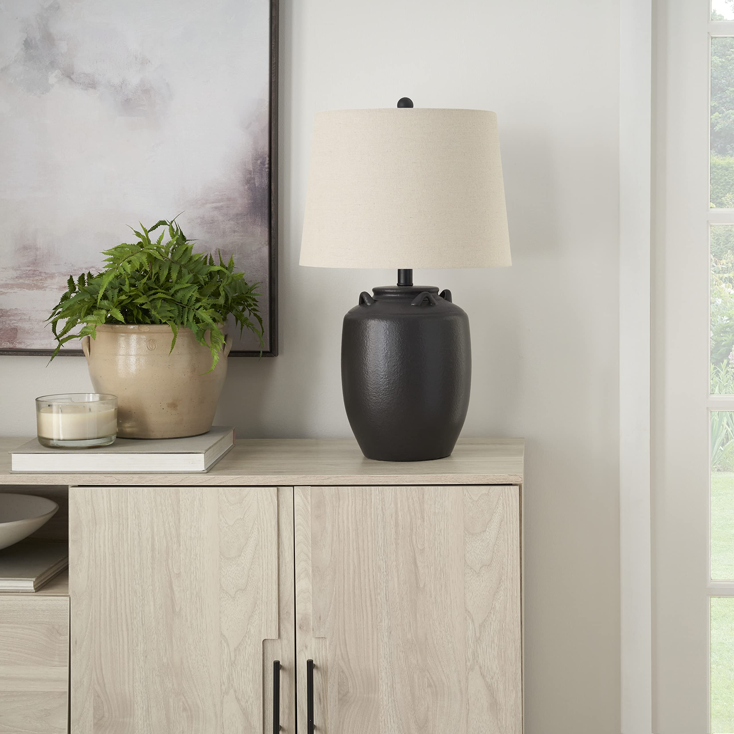 Nourison 24'' Black Farmhouse Ceramic Pottery Jug Table Lamp For Bedside Table, Living Room, Office, Entryway