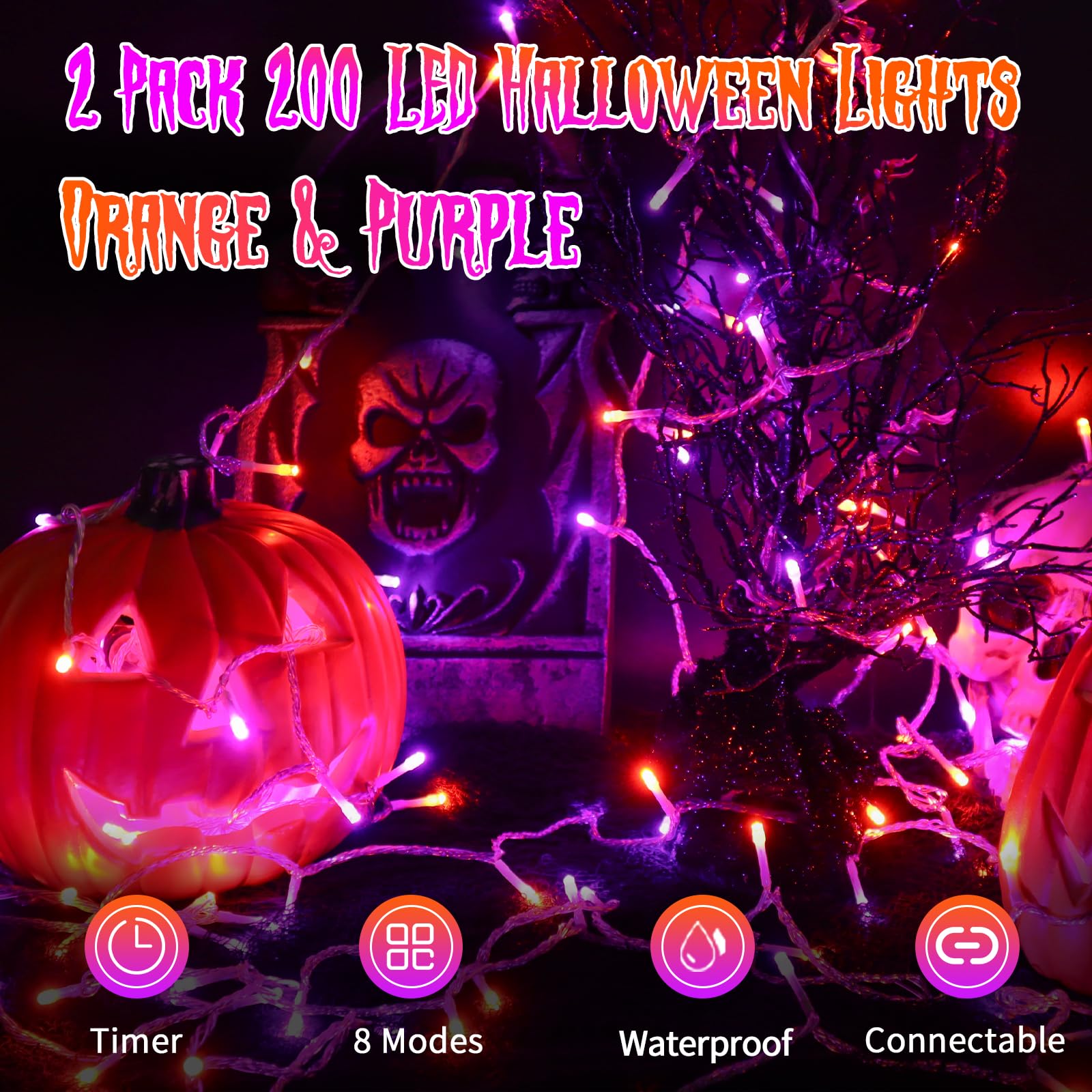 Jxledayy 2 Pack Each 66Ft 200 Led Halloween Lights Outdoor Decorations 8 Modes Fairy Lights Plug In String Light With Timer For Outside House Yard Tree Stairs Party Holiday Decor-Orange And Purple