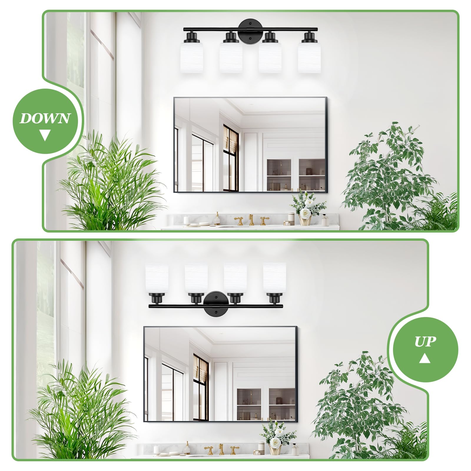 Guliaofo 4-Light Matte Black Vanity Light Fixture with Milky White Frosted Glass Shade, Model Gu-111-LWNBH-3