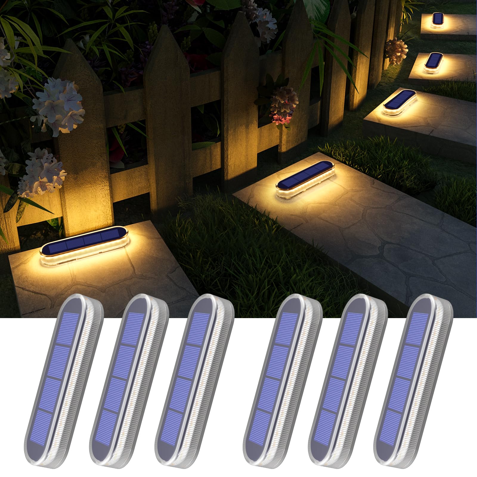 YiLaie Solar Stair Lights, Waterproof Warm White, 6 Pack-Rounded Rectangle, Auto ON/OFF, Polycarbonate, Model HO-SQDL-6