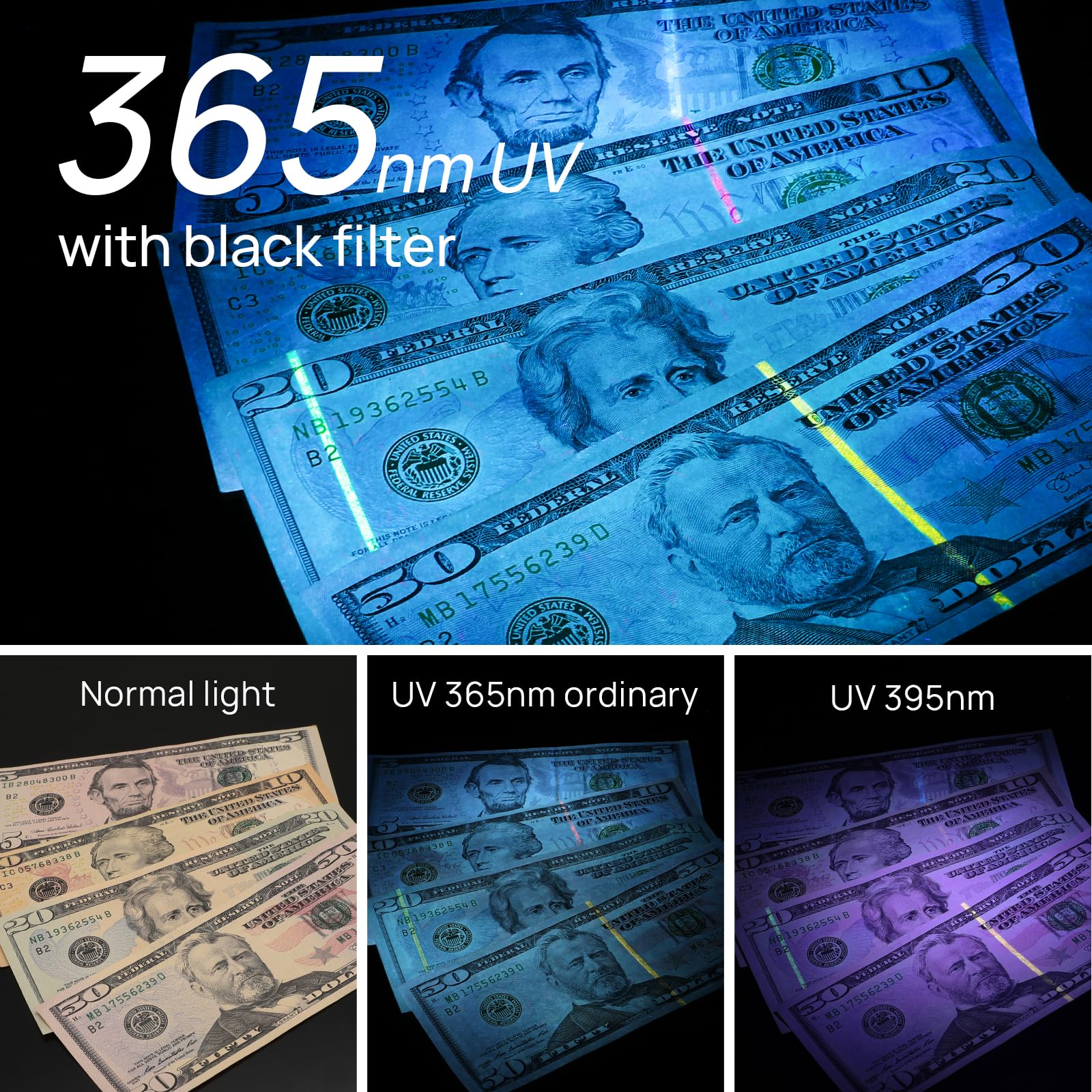 Consciot UV Flashlight Black Light USB-C Rechargeable, 365nm, Portable Woods Lamp, 1 Pack, Black, Model U20