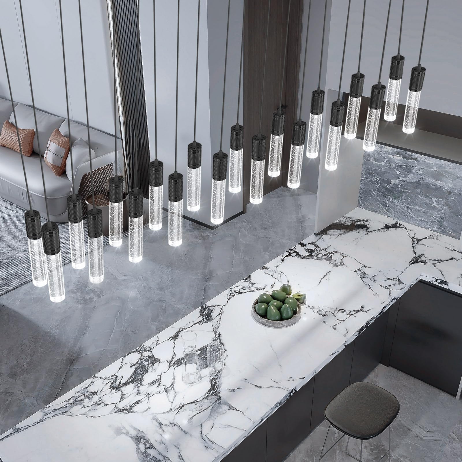 dolria 20-Lights Modern Crystal Rectangular Chandeliers LED Pendant Light for Kitchen Island High Ceiling Chandelier for Dining Room Entrance Foyer Living Room Black