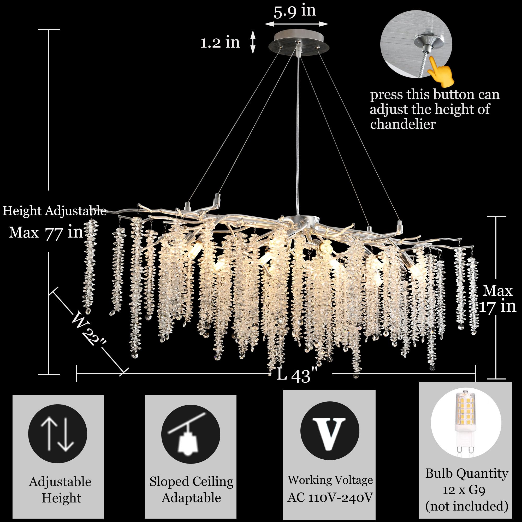 Upfelw Modern Rectangle Crystal Tree Branch Chandelier, L43'' Large Silver Linear Raindrop Indoor Hanging Pendant Light Fixture