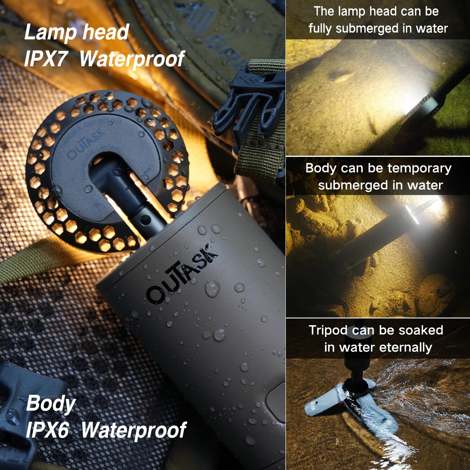 Outask Camping Lantern - Rechargeable 12000mAh, Telescoping, Waterproof, Tactical Brown, Model TD-1