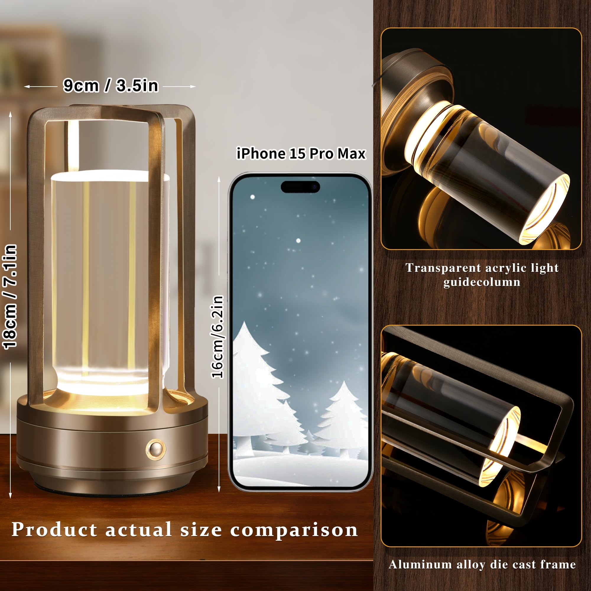 Anxingtools Portable LED Table Lamp, Rechargeable, 3 Color Dimming, Aluminum, 9.37inx5.24inx4.84in, Silver, Model AN-LED-02