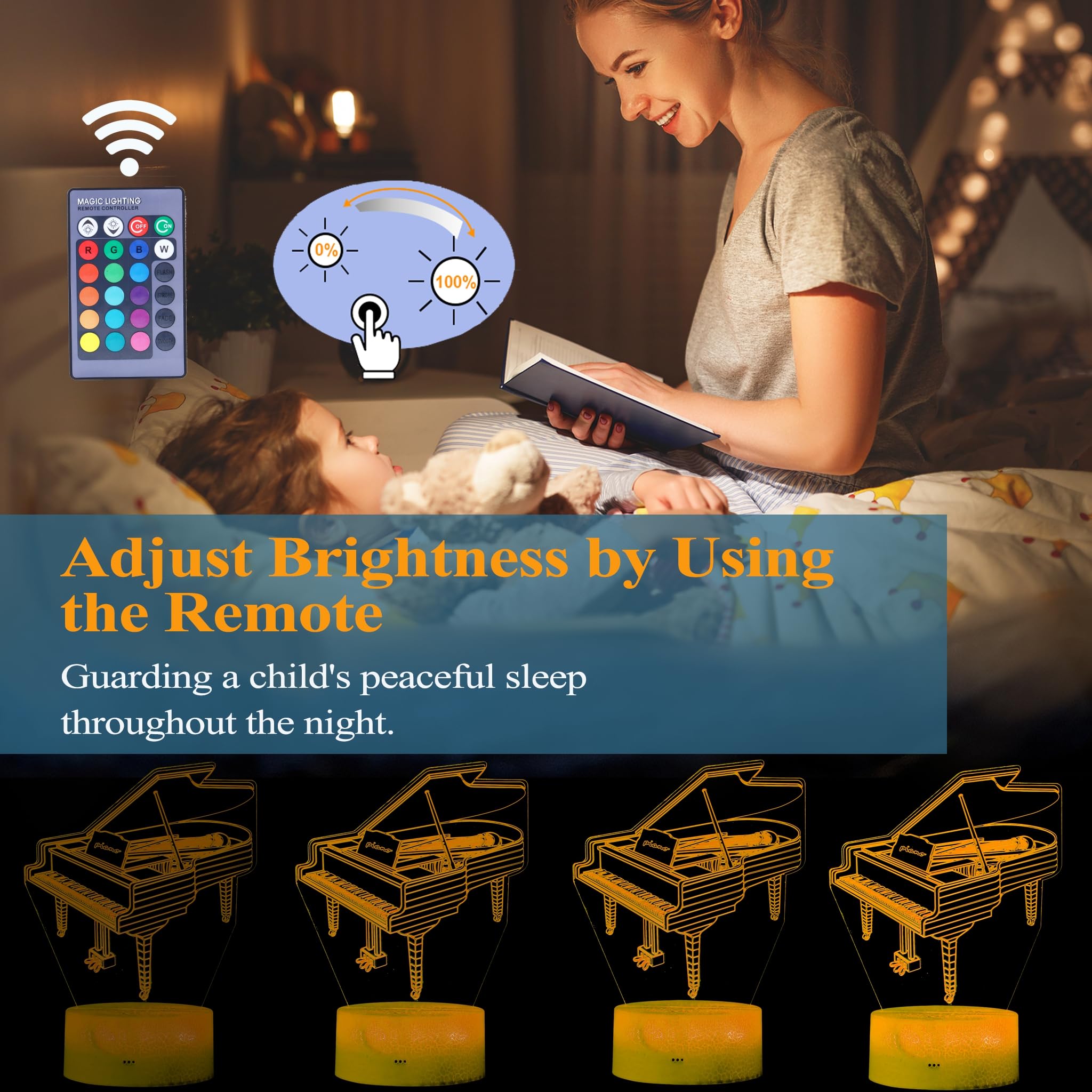 Posshe Piano Night Light, Instrument Gifts, Piano 3D Illusion Lamp With 16 Colors Changing, Remote Control And Dimmable, Kids Bo