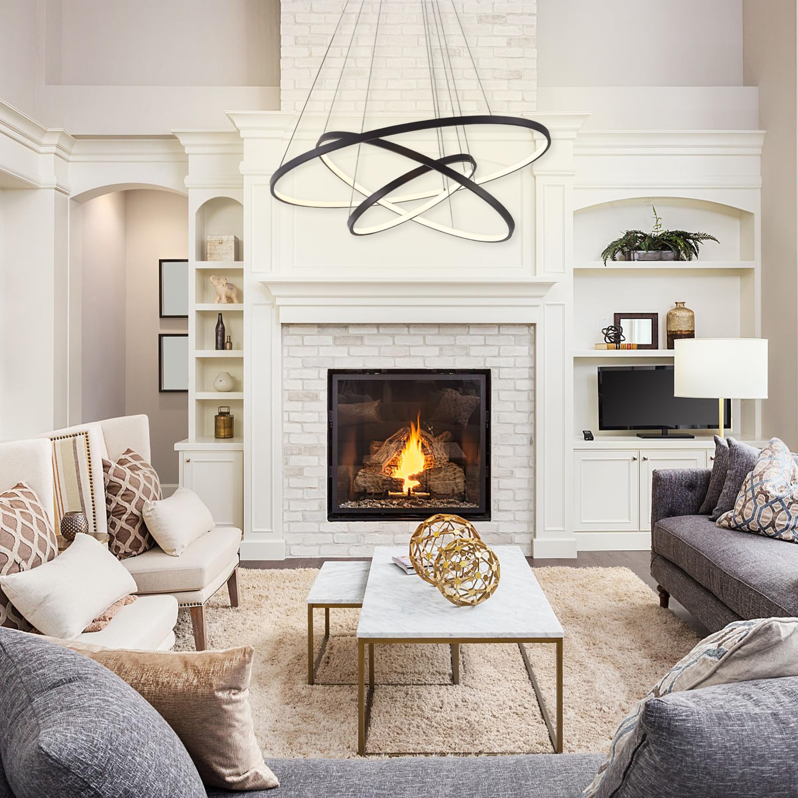 Lightinthebox Modern Led Pendant Light, 3 Ring Black Chandelier For Living Room & Office