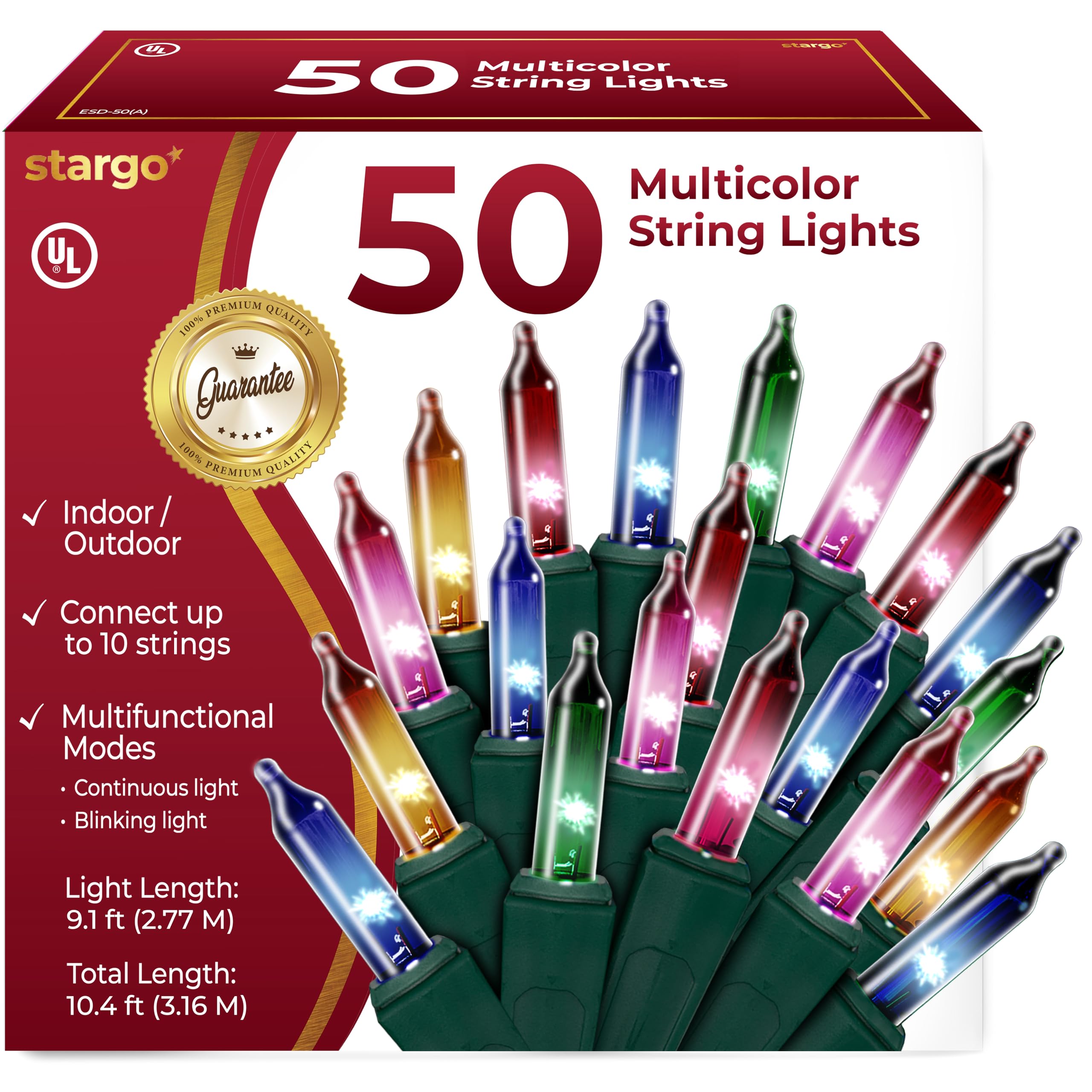 Warm Multi Color Christmas Tree Lights - 9 ft String of 50 Incandescent Mini Bulbs Multifunctional Lighting Modes, for Decorative, Bedroom, Outdoor, Xmas Twinkle Lights with Green Wire Total 10.4 ft