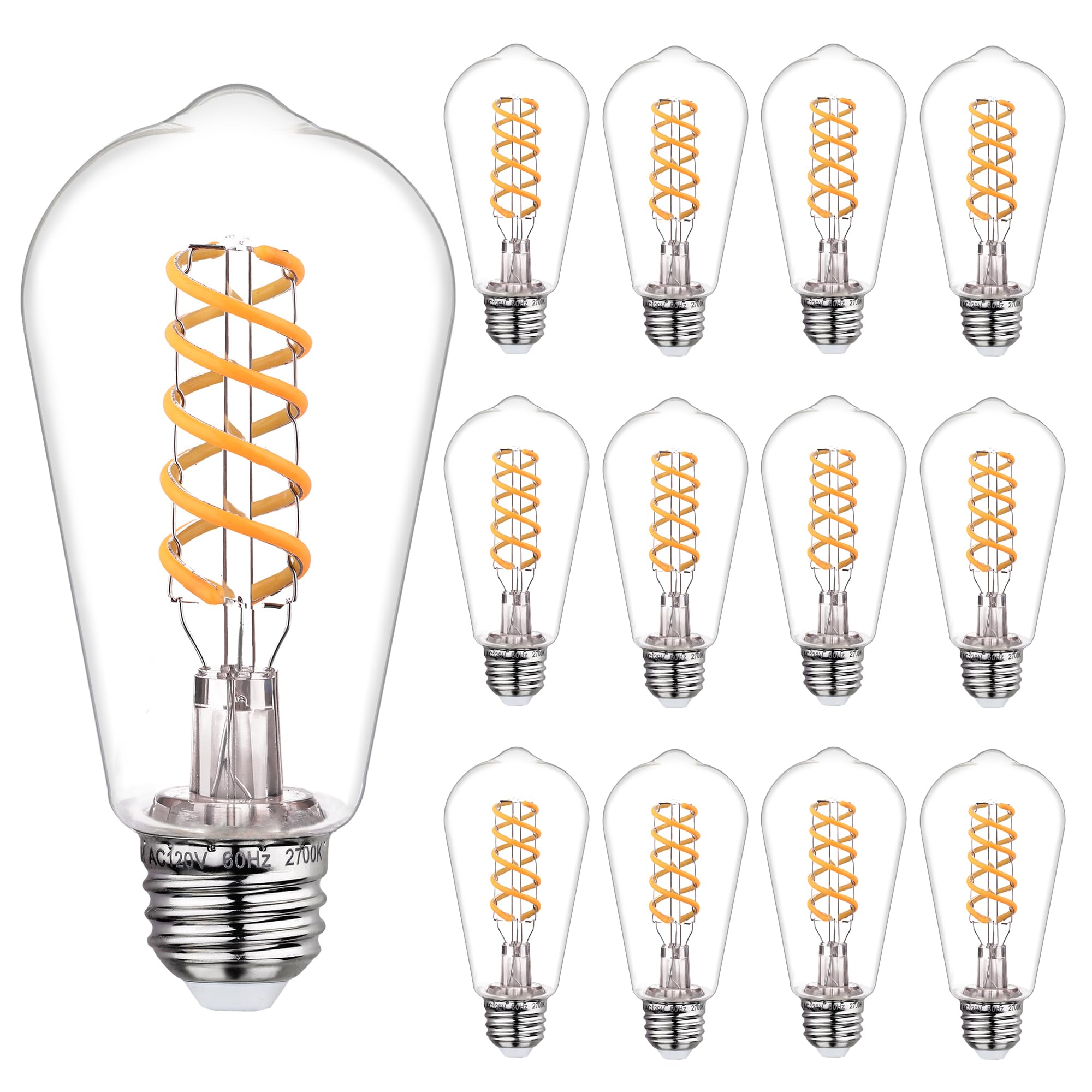 Austin Coast 12 Pcs Dimmable Vintage Led Edison Bulbs, 6W Equivalent 60 Watt, Warm White 2700K, Antique Flexible Spiral Led Fila