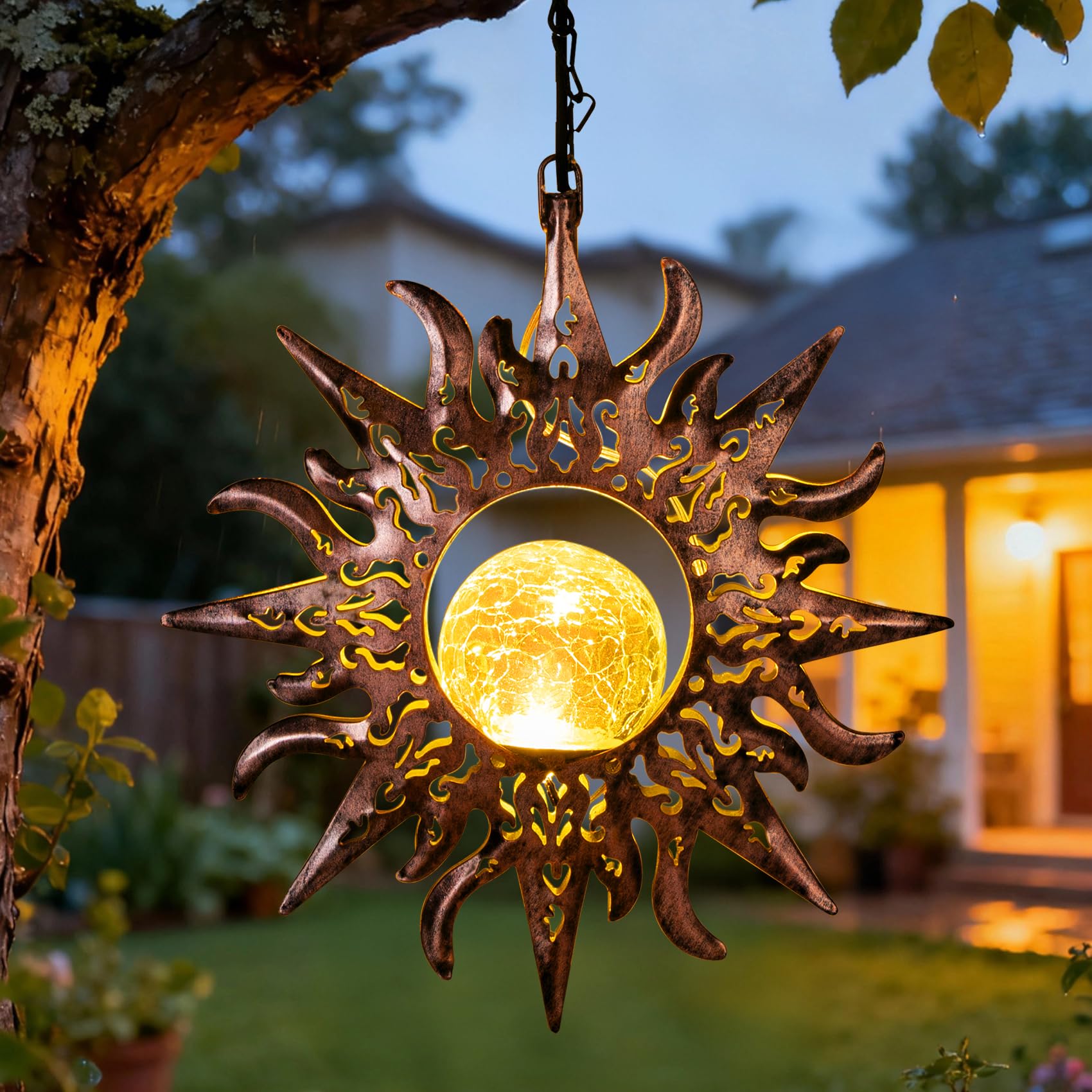 Sun Solar Lanterns Outdoor Waterproof, Crackle Glass Globe Metal Garden Lights, Decorative Outdoor Solar Lights for Yard, Patio,