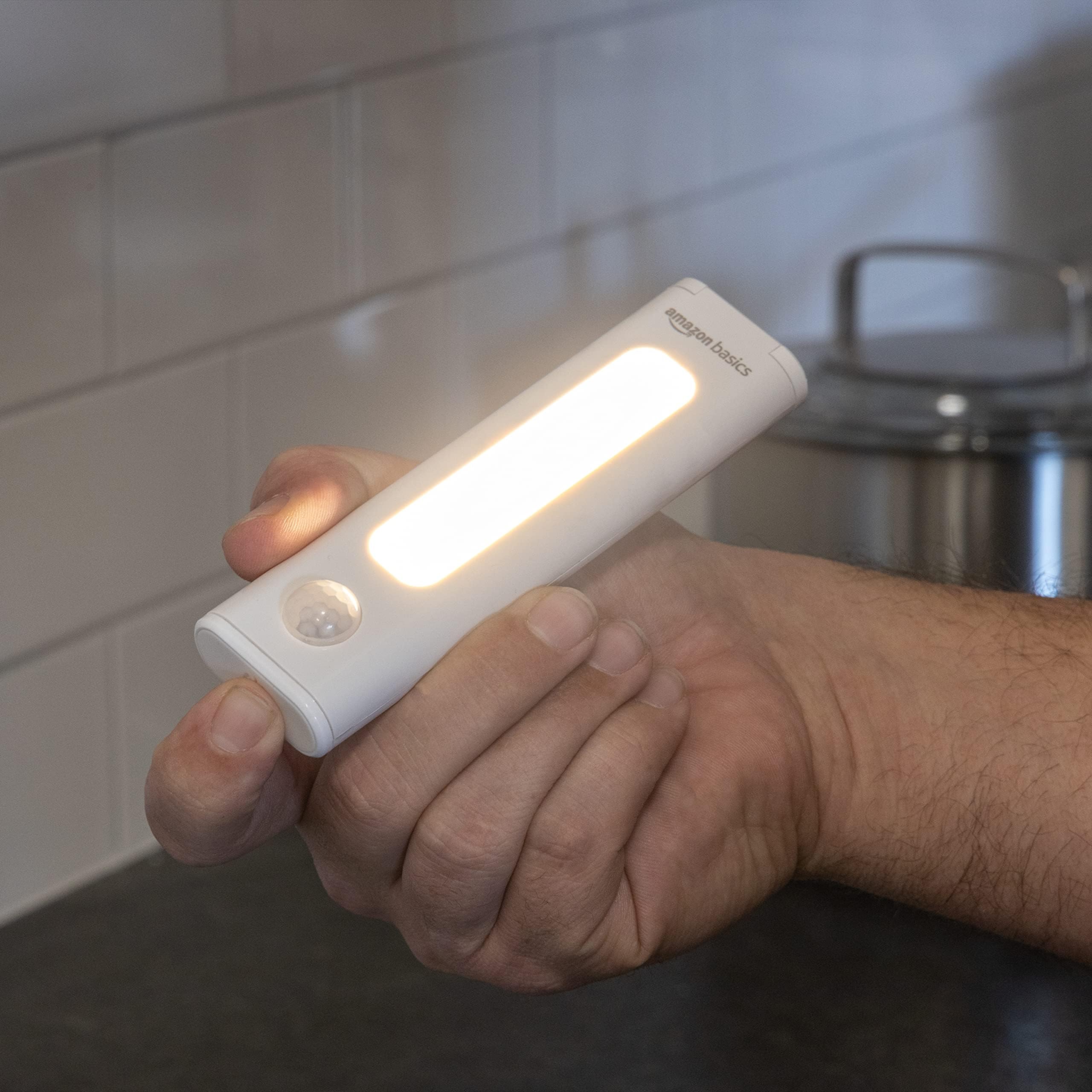 Amazon Basics LED Stick On Lights, Wireless Motion Sensing, 2 Pack, White, Model 59428, Battery Operated, Portable Under Cabinet Lighting