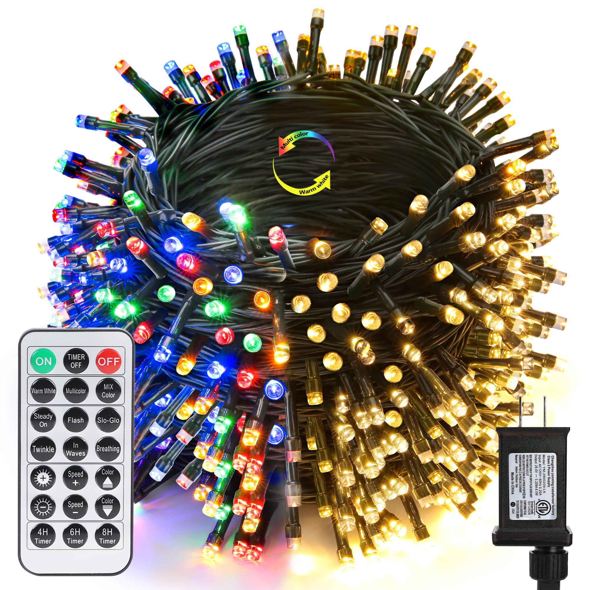 Joomer 164FT Color Changing Christmas Lights, 500 LED, Waterproof, Remote Timer, Dimmable, Warm White to Multicolor, Model GP-SW290DC0209-IP44