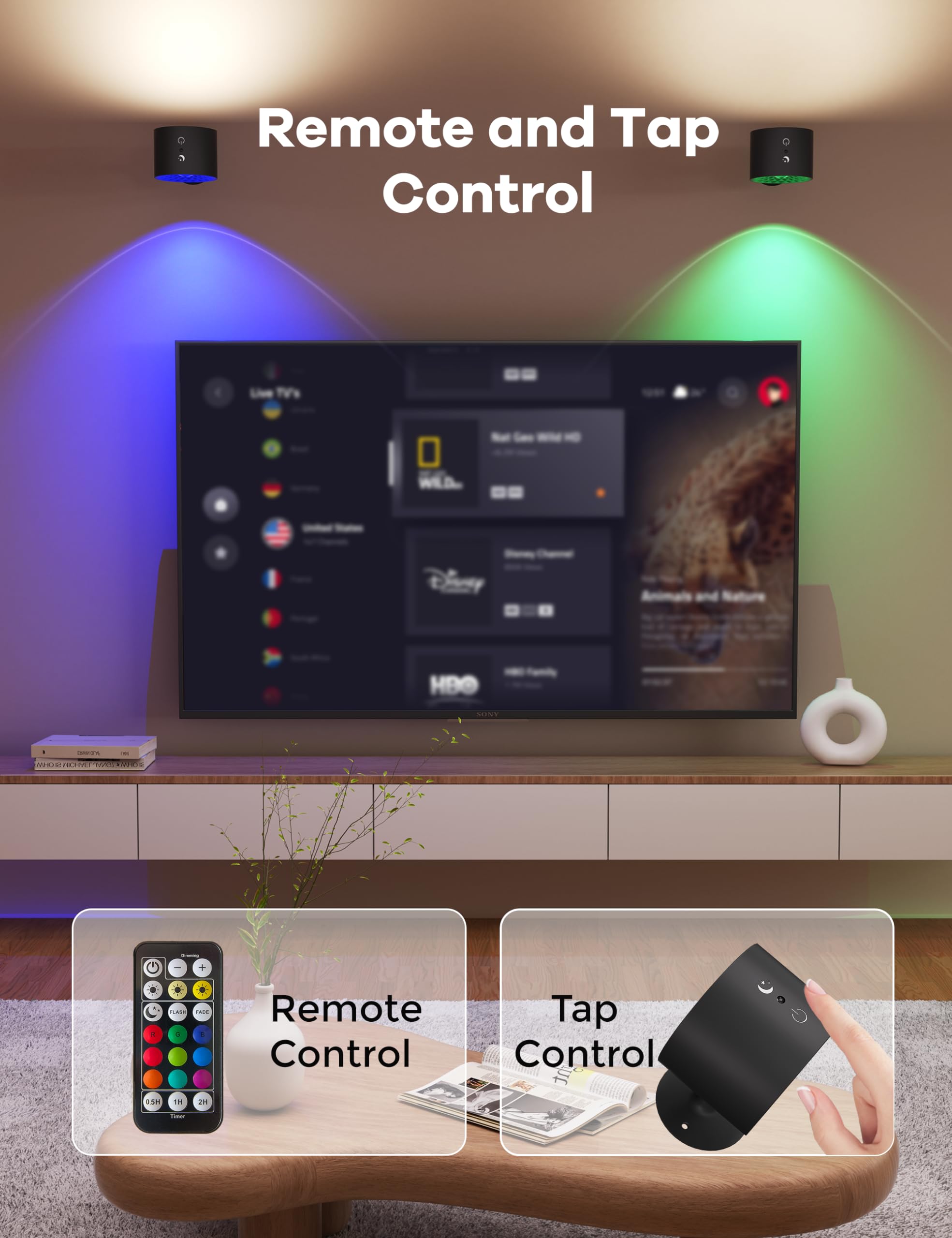 Joyzy LED Wall Light - 2 Pack, Battery Operated, RGB Color, Remote Touch Control, Black, Model WL002