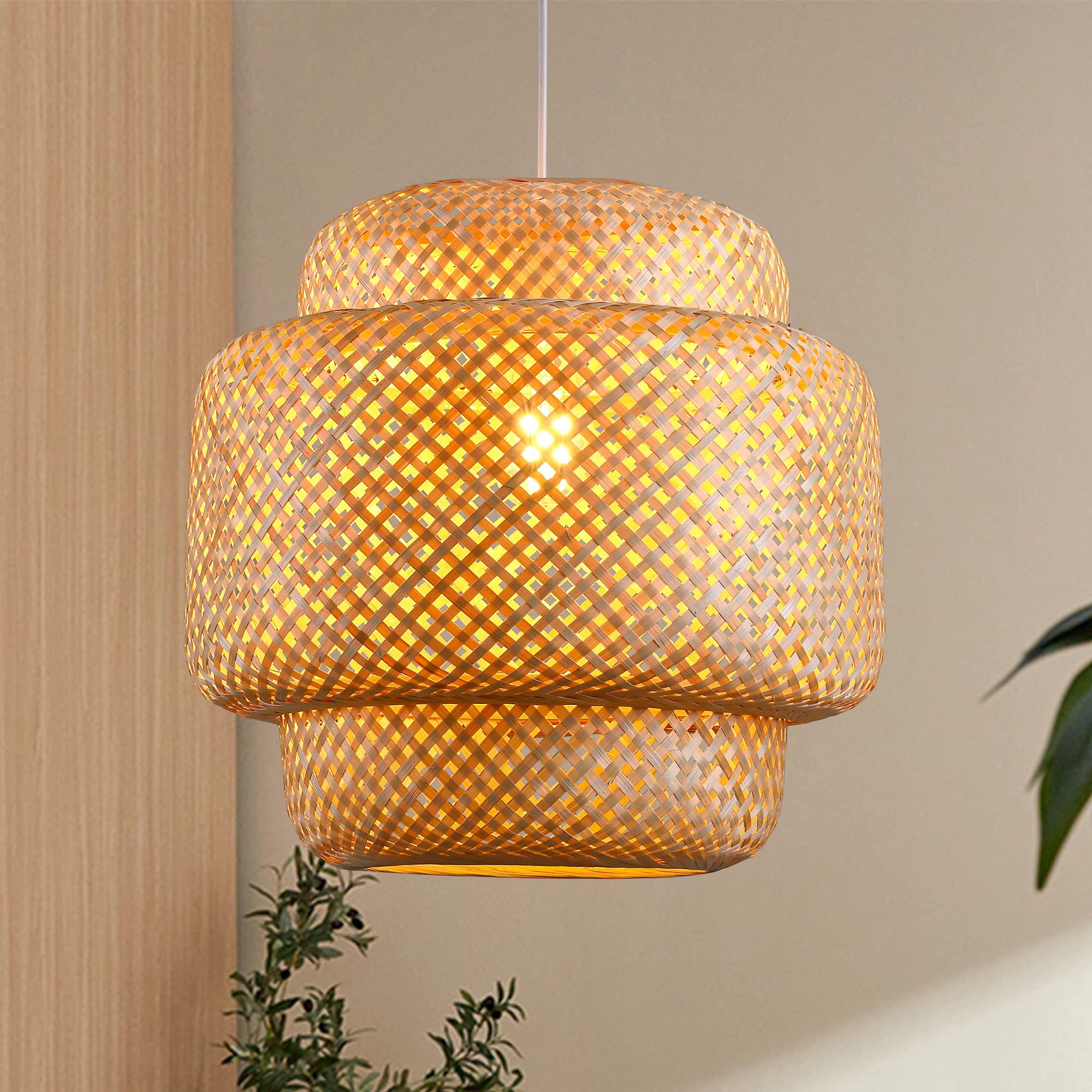 Karjearl Bamboo Pendant Light - Boho Woven Chandelier For Kitchen, Dining & Living Rooms