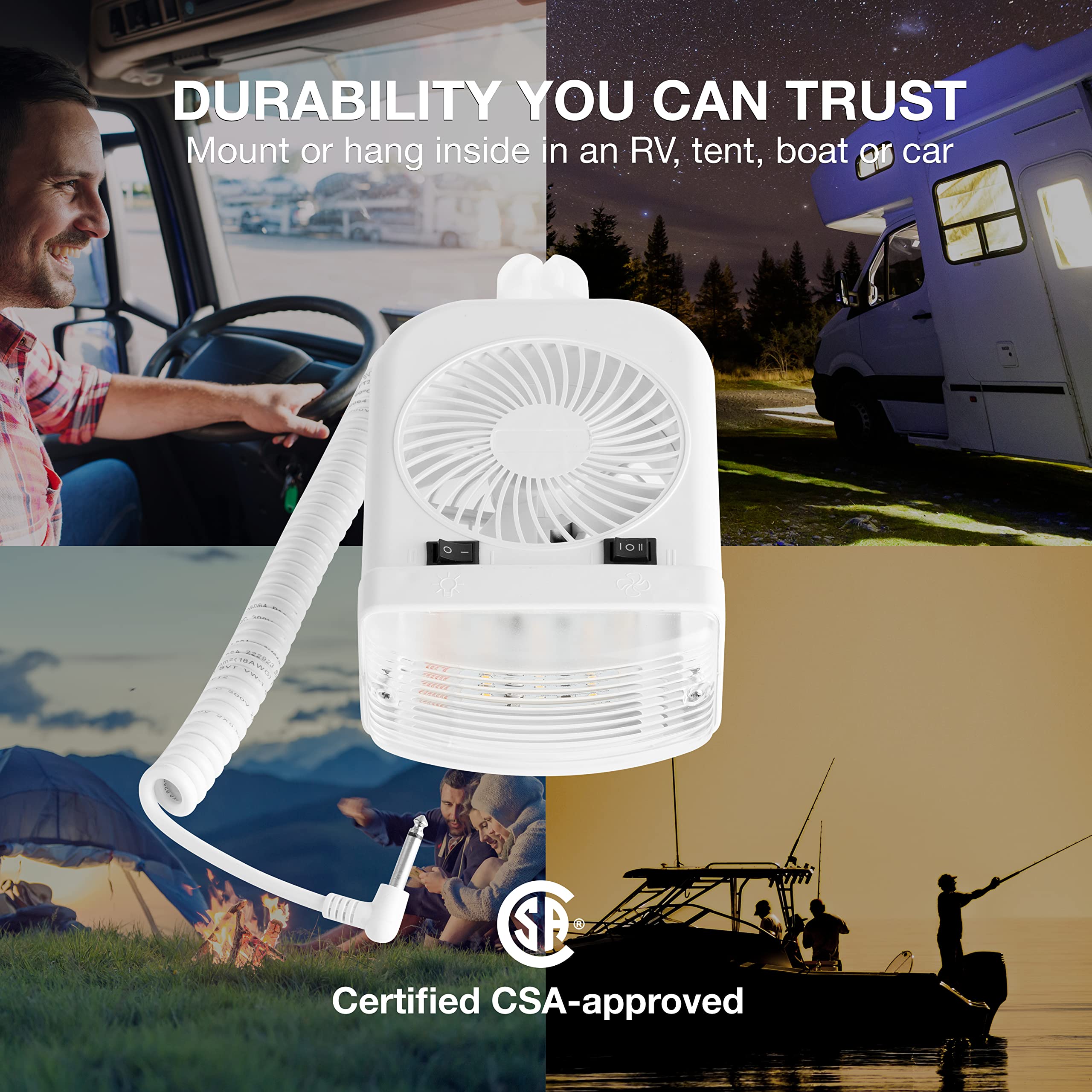 Lumitronics 12V LED Bunk Light & 2-Speed Fan Combo - Quiet Motor, Extendable 8-Foot Cord, On/Off Switch, White - 1 Count