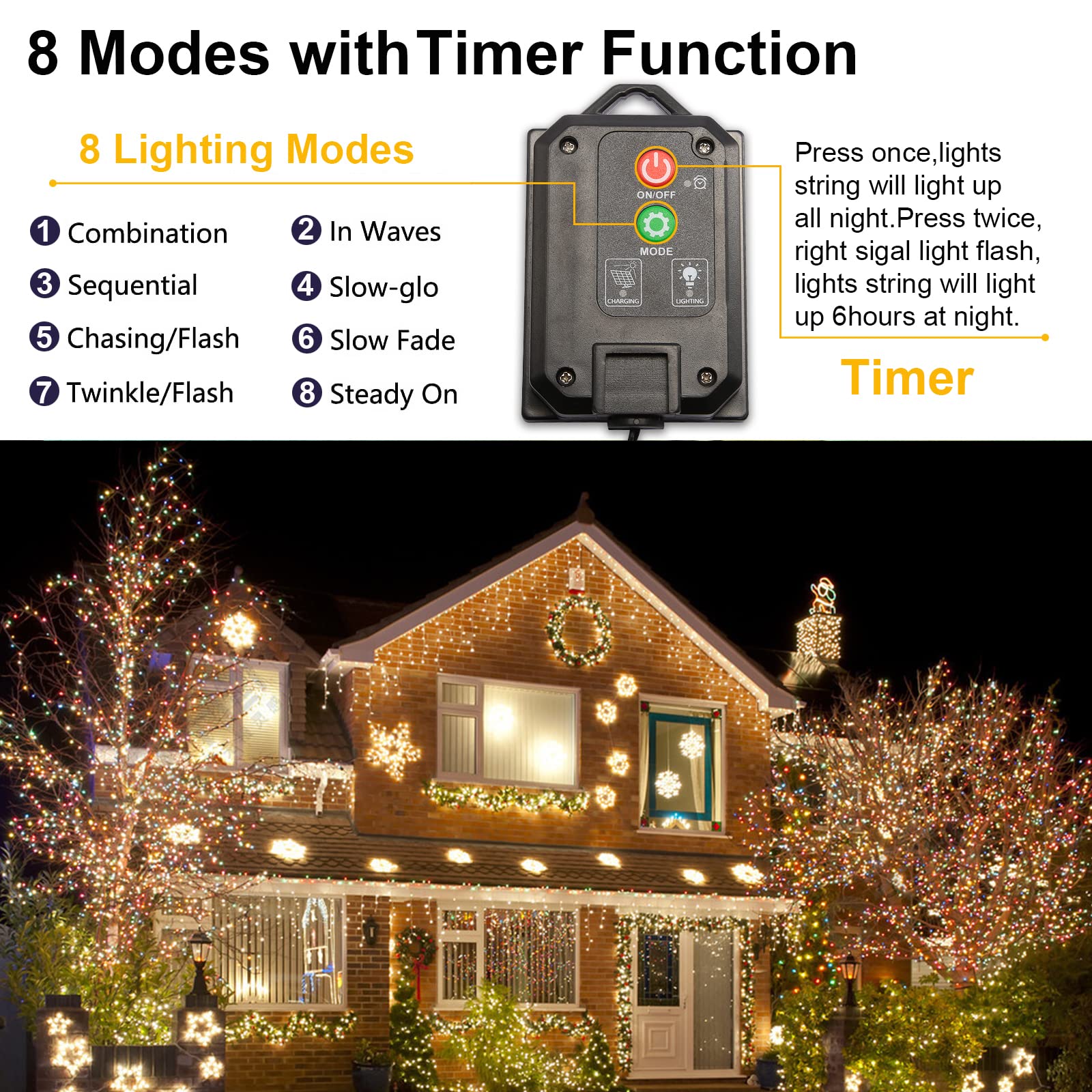 YAOZHOU Solar Christmas String Lights, 400 LED, 151ft, Warm White, IP44 Waterproof, 8 Modes, Outdoor Fairy Lights for Garden, Patio, Party