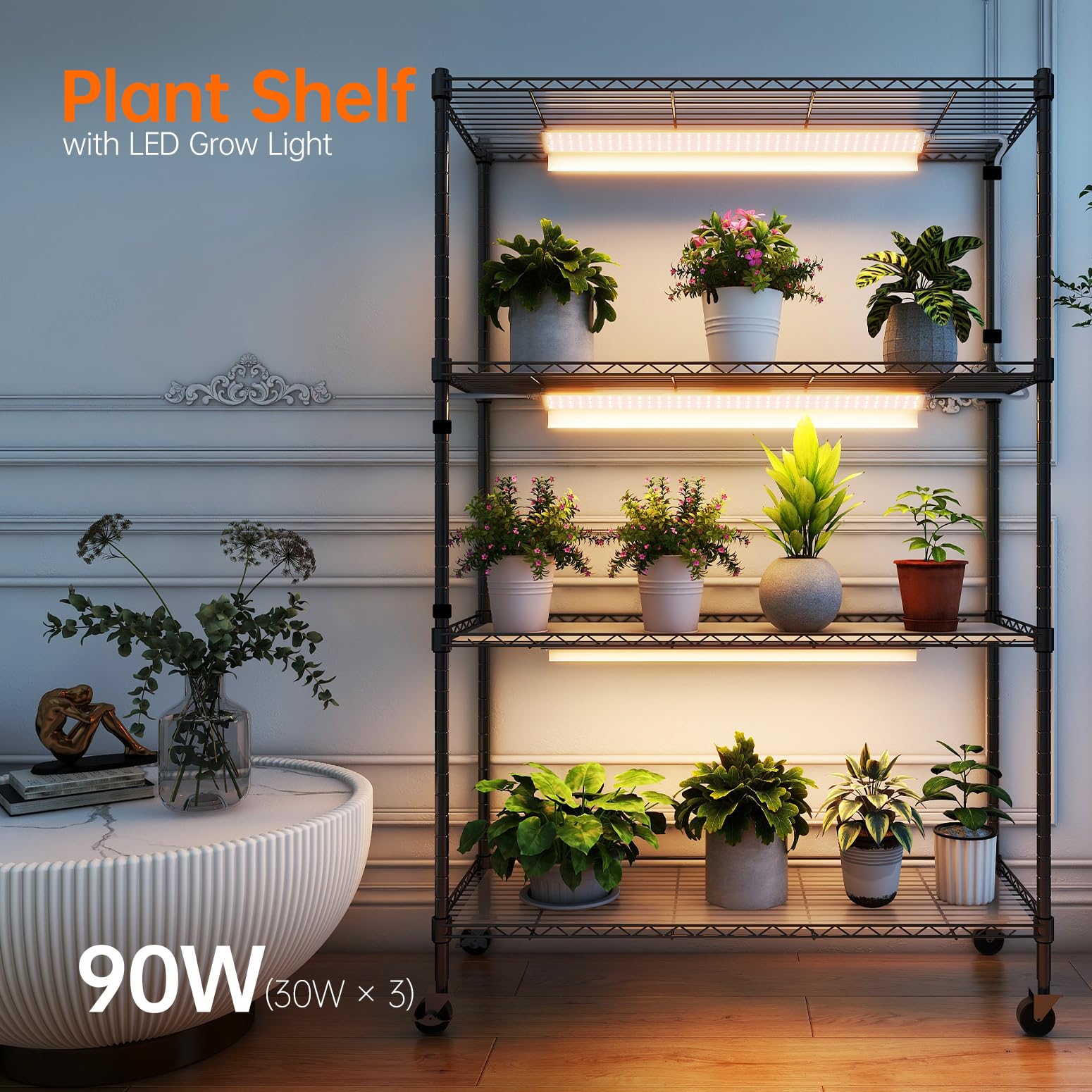 Bstrip 4-Tier Plant Shelf with Grow Lights, 30W T5 Full Spectrum, 35.4" L x 13.8" W x 59" H, Yellow,