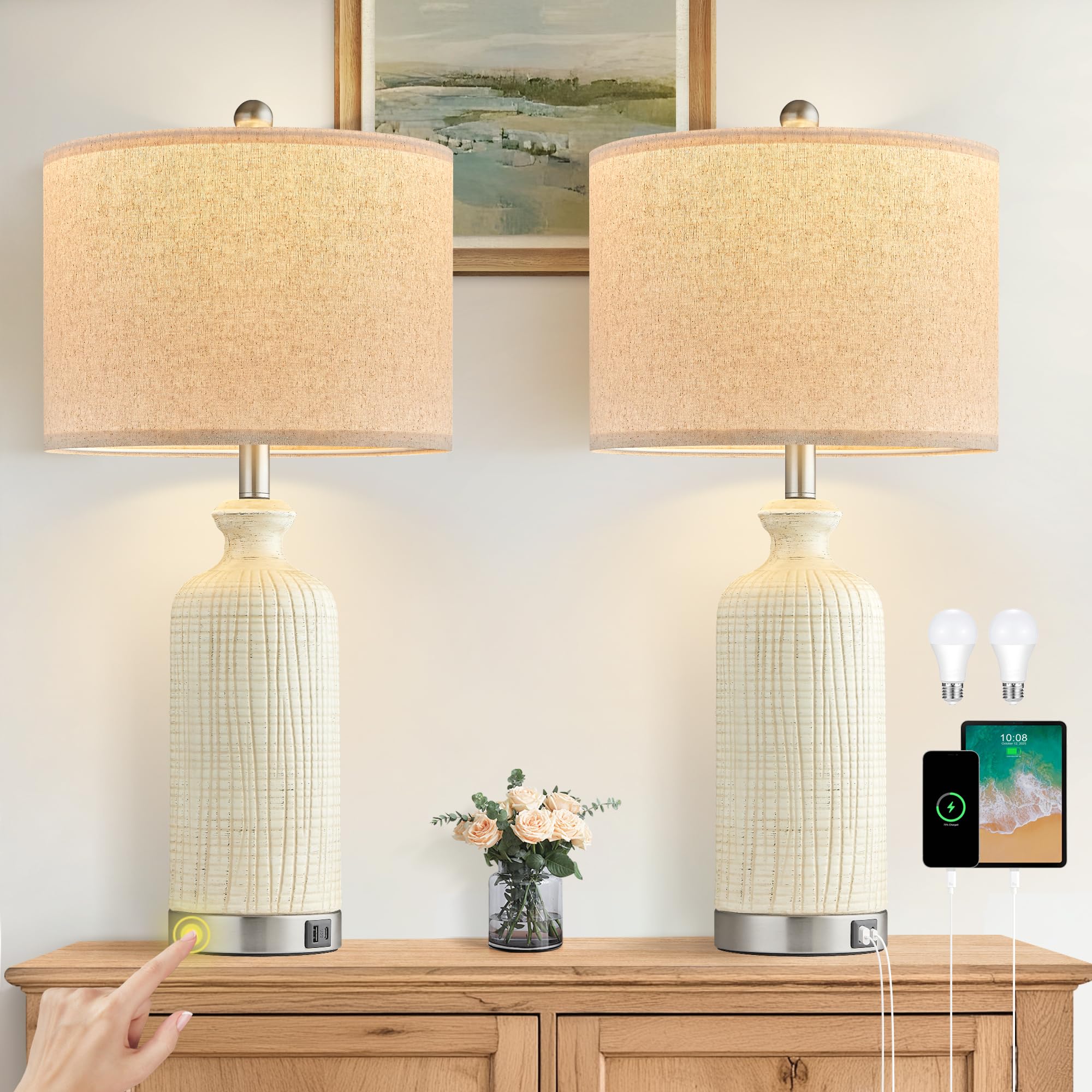Ireliare Living Room Lamps Set of 2  27 Touch Lamps for Nightstand with USB A+C Ports  Modern Farmhouse Table Lamps for Bedroom  Beige