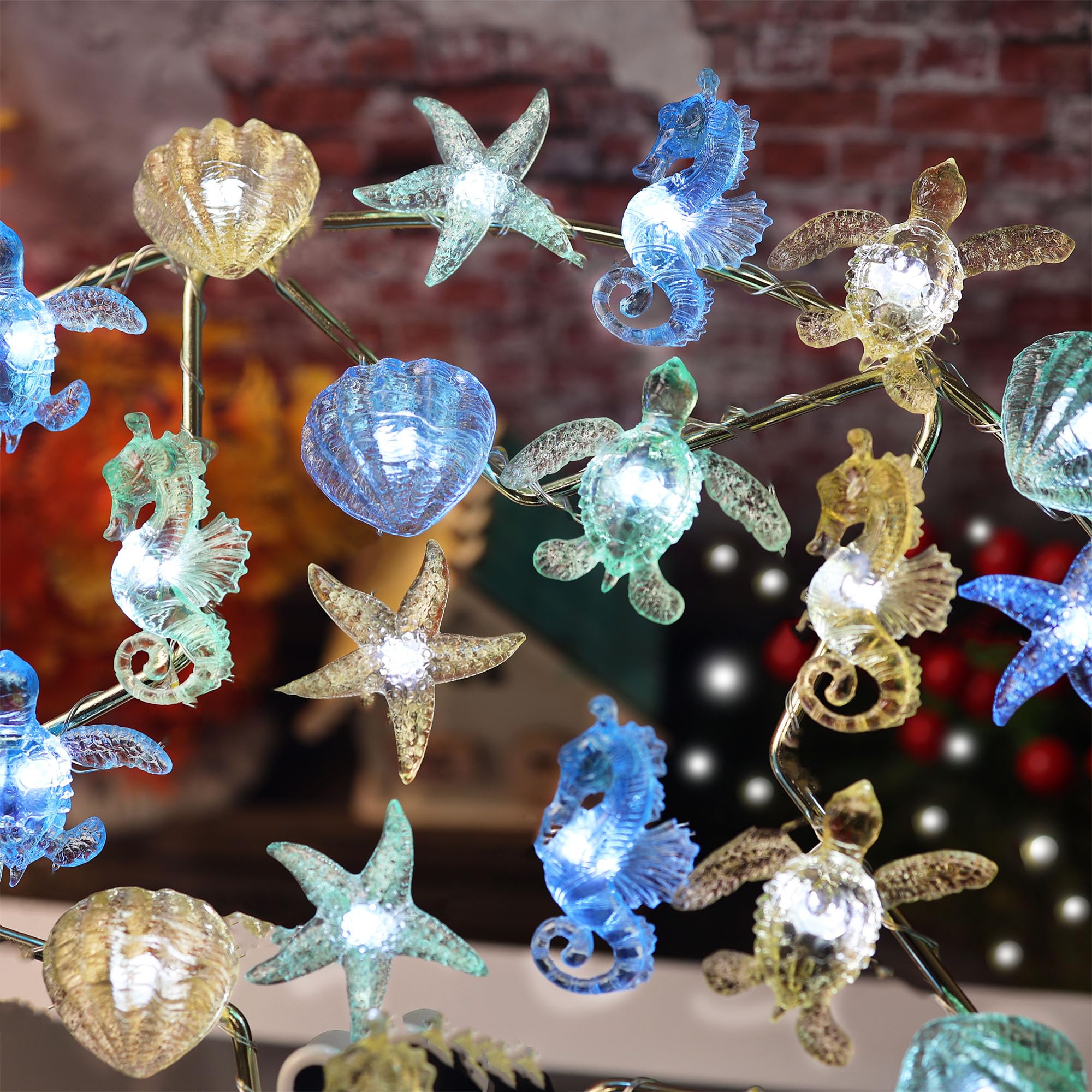 Nautical String Lights Sea Life Ocean Fairy Lights Plug in or Battery Operated Beach Decoration for Bedroom Turtle Seahorse Shel