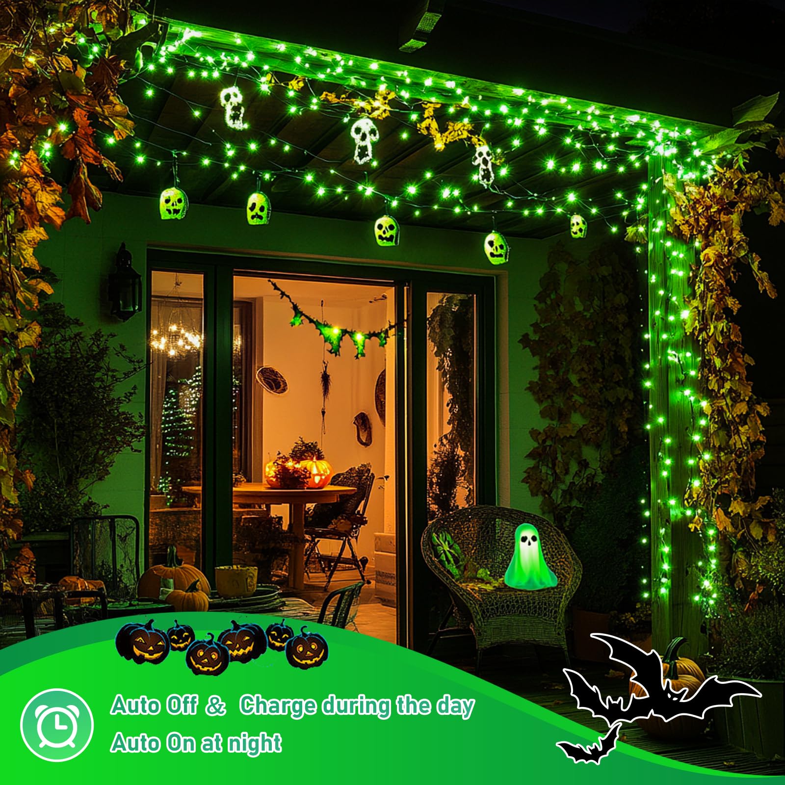 Jmexsuss 2 Pack Green Solar Halloween Lights Each 66Ft 200 Led Green Solar Lights Outdoor, 8 Modes Copper Wire Solar Fairy Light