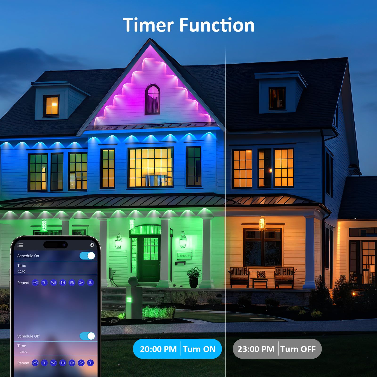 Ivrich 100Ft Permanent Outdoor Lights  Smart Rgb Eave Light With Color Changing  App/Remote Control  Ip67 Waterproof  Music Sync  Timer Function  For Halloween  Christmas  Party  Holiday Decor