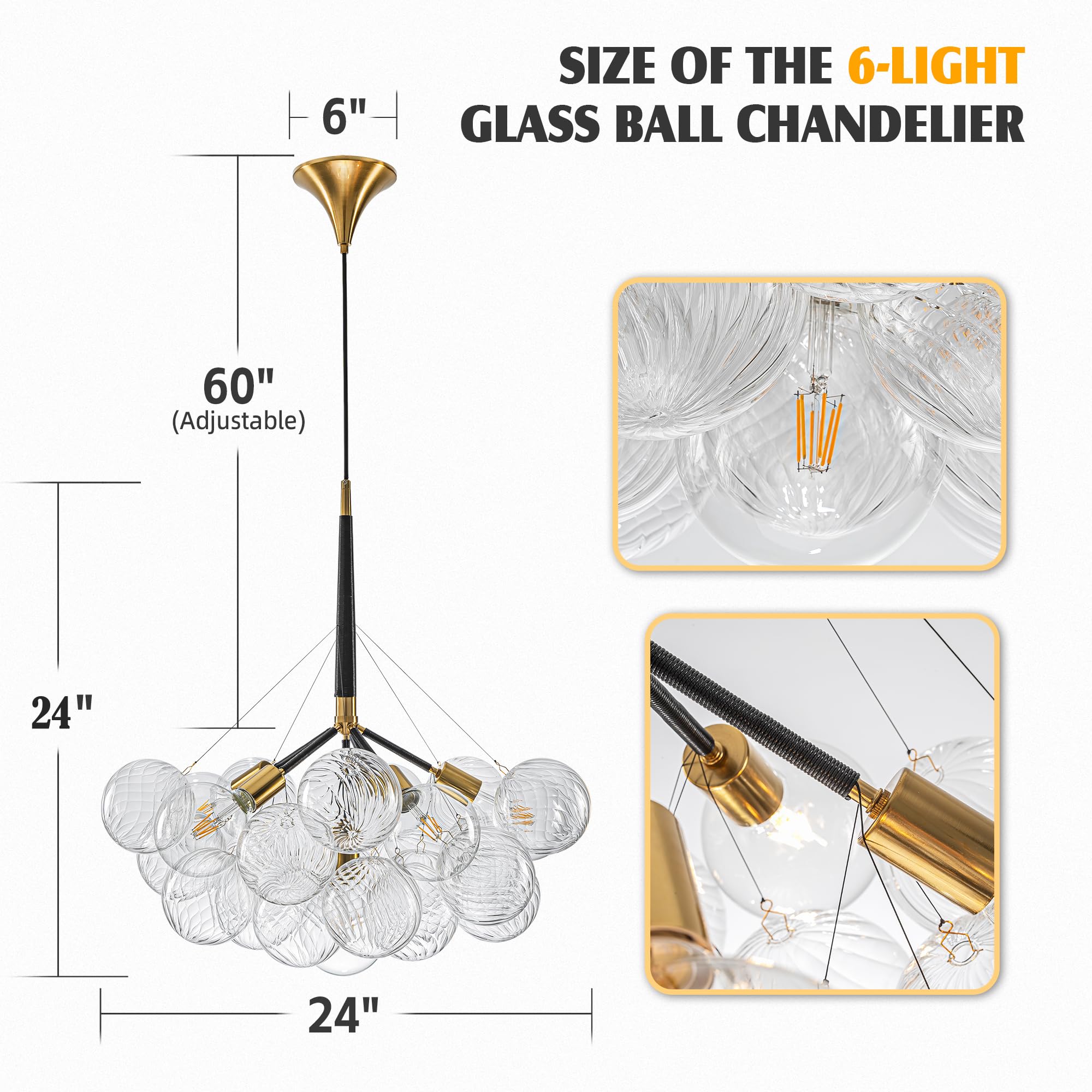 Longree Modern Bubble Ball Swirled Glass Chandelier, Dia 24 Inch Black And Clear Globe Blown Glass Small Ceiling Lights Fixture