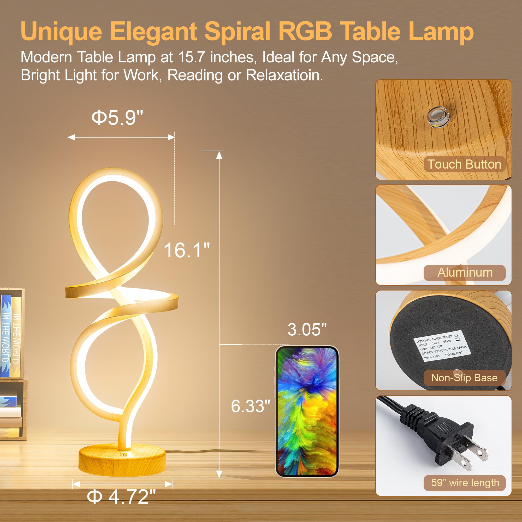 Mayful Modern Table Lamp, Led Spiral Lamp, Rgb Table Lamp, Wood Grain Bedside Lamp With 7 Colors 10 Light Modes, Touch Dimmable