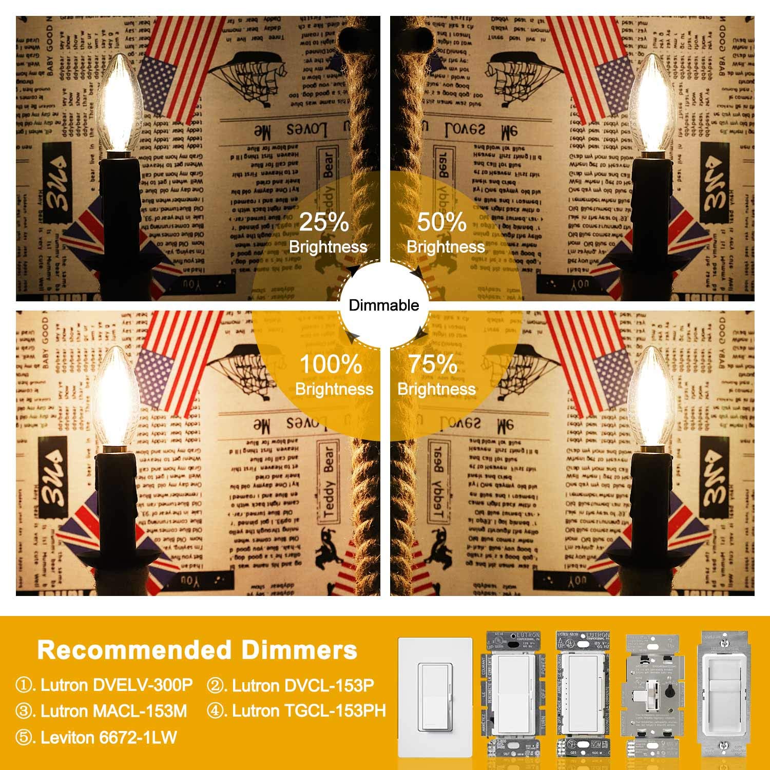 CRLight 6W Dimmable LED Candelabra Bulbs, 65W Equivalent, 650LM, Glass, 3000K Soft White, 8 Pack