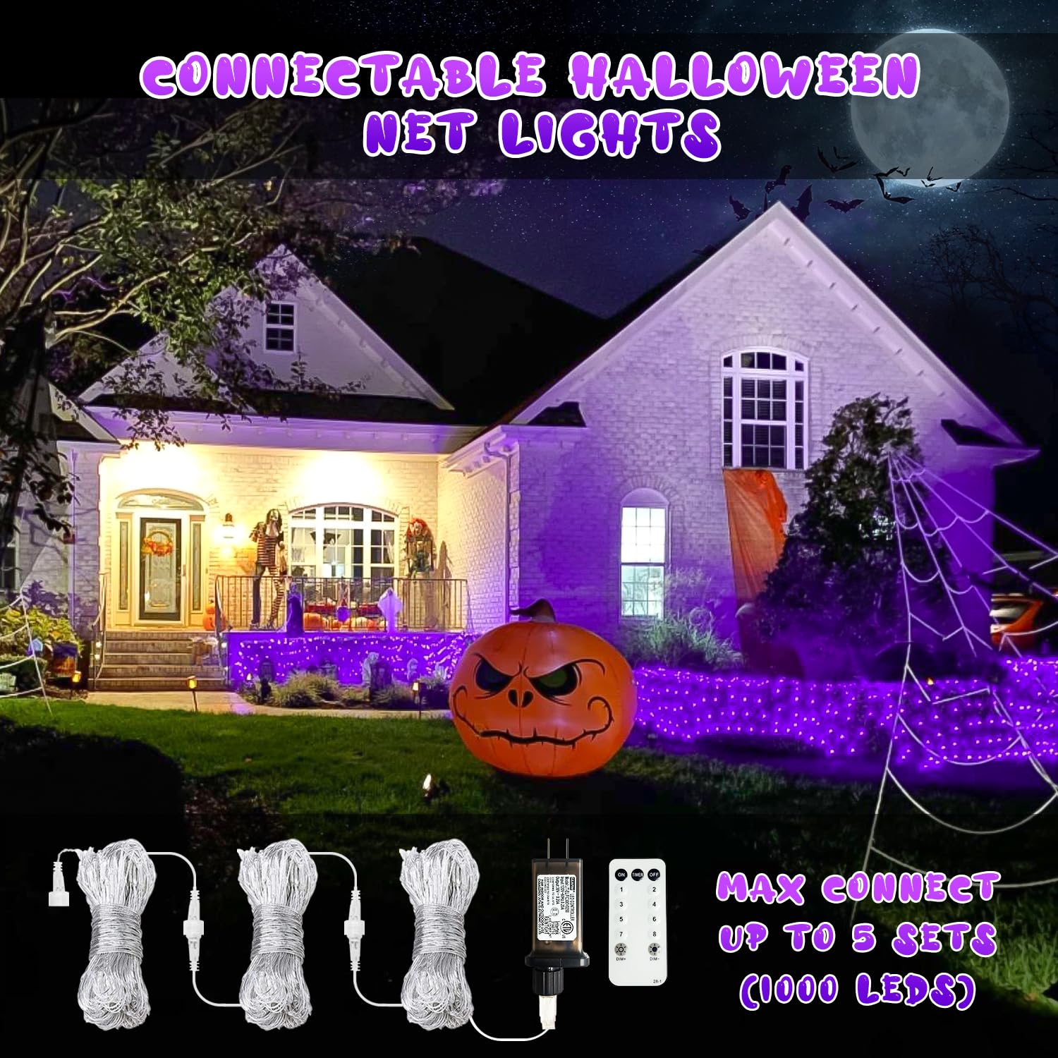 Jmexsuss 200 Led Purple Halloween Net Lights, 9.8Ft X 6.6Ft Connectable Halloween Bush Lights With Remote, 8 Modes Plug In Net L