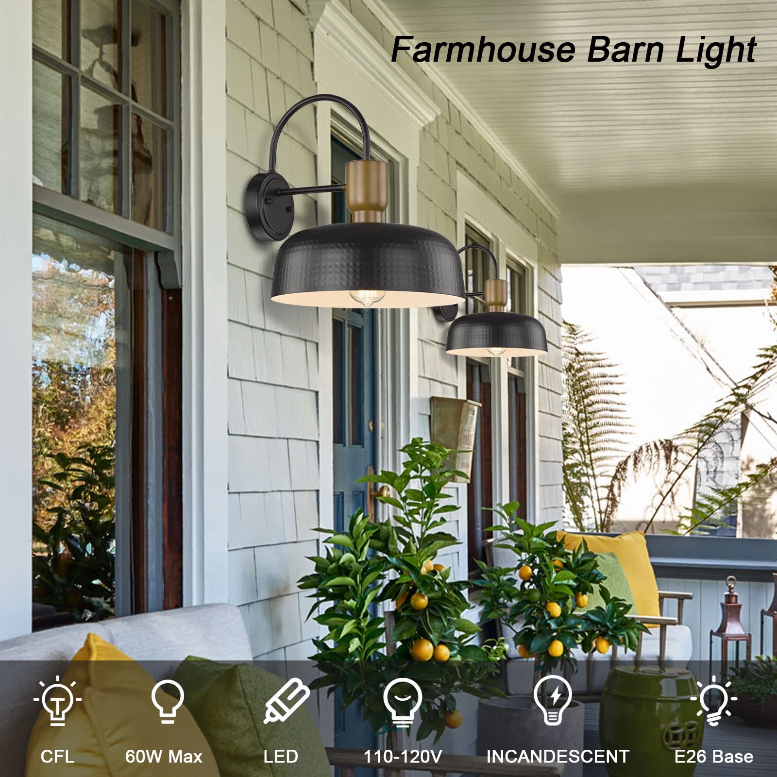 Luminzone Gooseneck Barn Light - Black Vintage Wall Fixture, 2 Pack For Outdoor Use