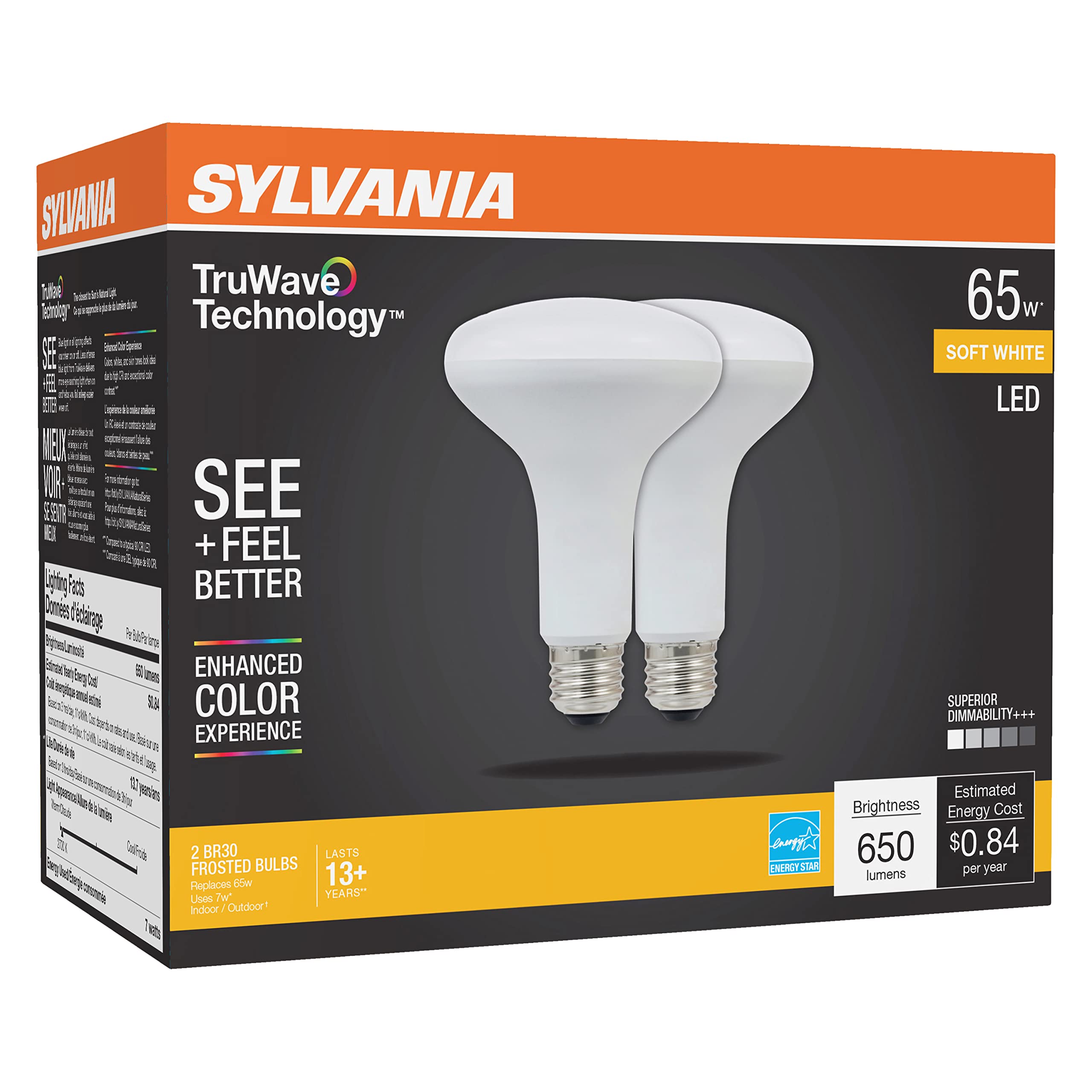 LEDVANCE SYLVANIA BR30 LED Light Bulb, 7W Dimmable, 650 Lumens, Soft White, 2 Pack, Model 40728