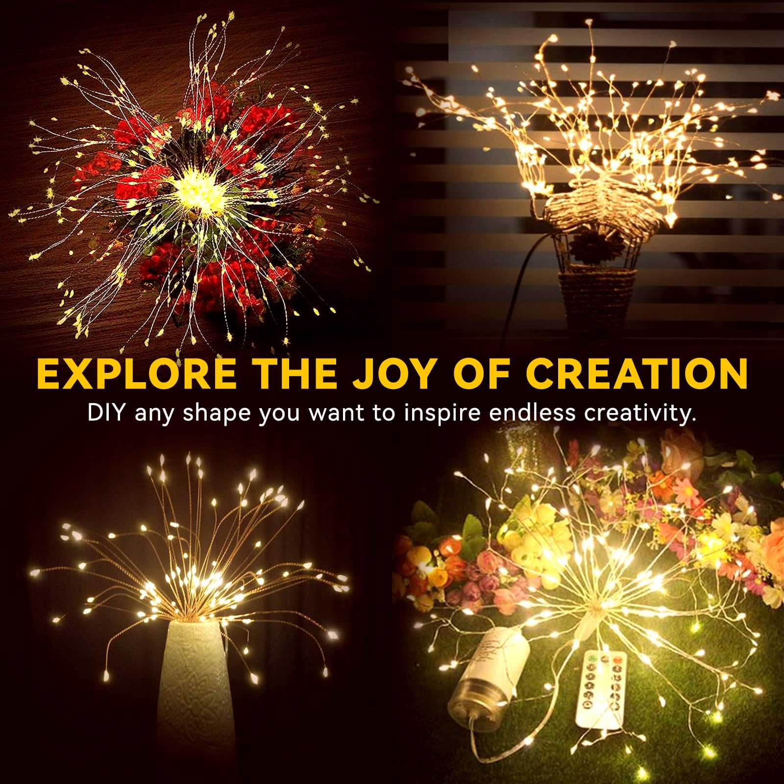 6 Pack Firework Lights 120 Led Copper Wire Firework Lights, 8 Modes Dimmable String Led Lights With Remote Control,Waterproof Ha