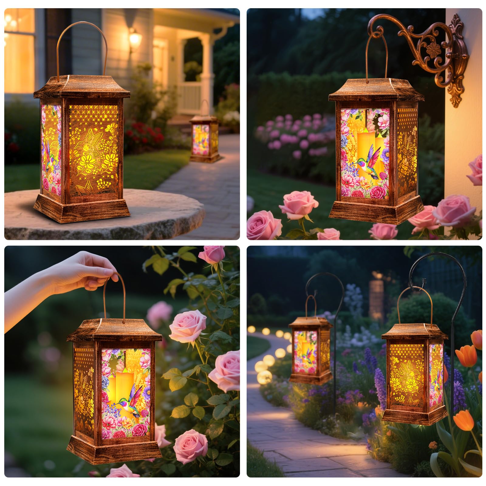 Hummingbird Solar Lanterns Outdoor Hanging Lanterns  Metal Glass Garden Decor Solar Lights  Gifts For Women Mom Birthday Grandma Mothers Day  Waterproof Decorative Lantern For Outside Patio Yard