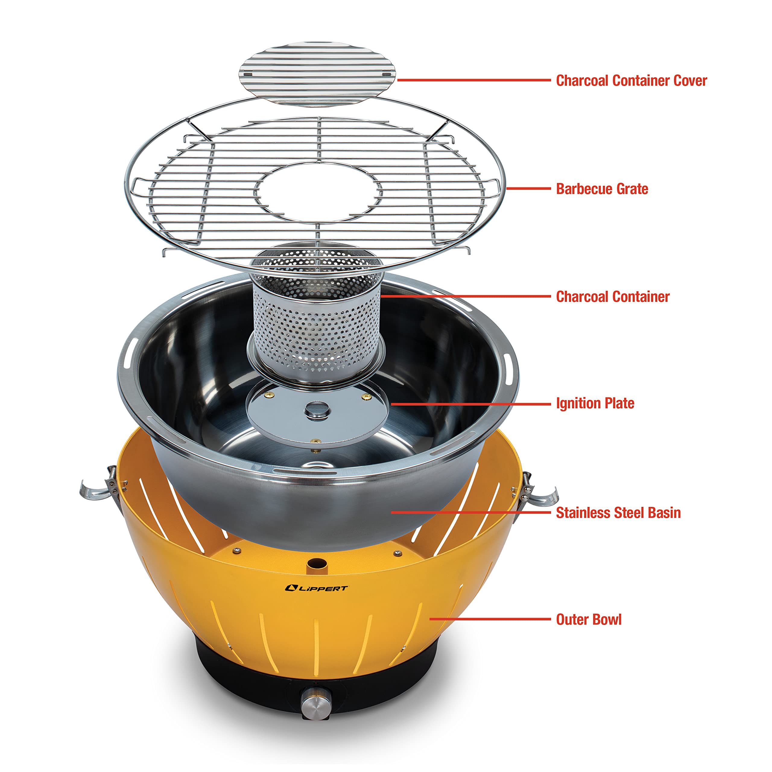 Lippert Odyssey Portable Charcoal Grill - Compact, Durable, Large Cooking Surface, Standard Size, Red, Model 2021106515