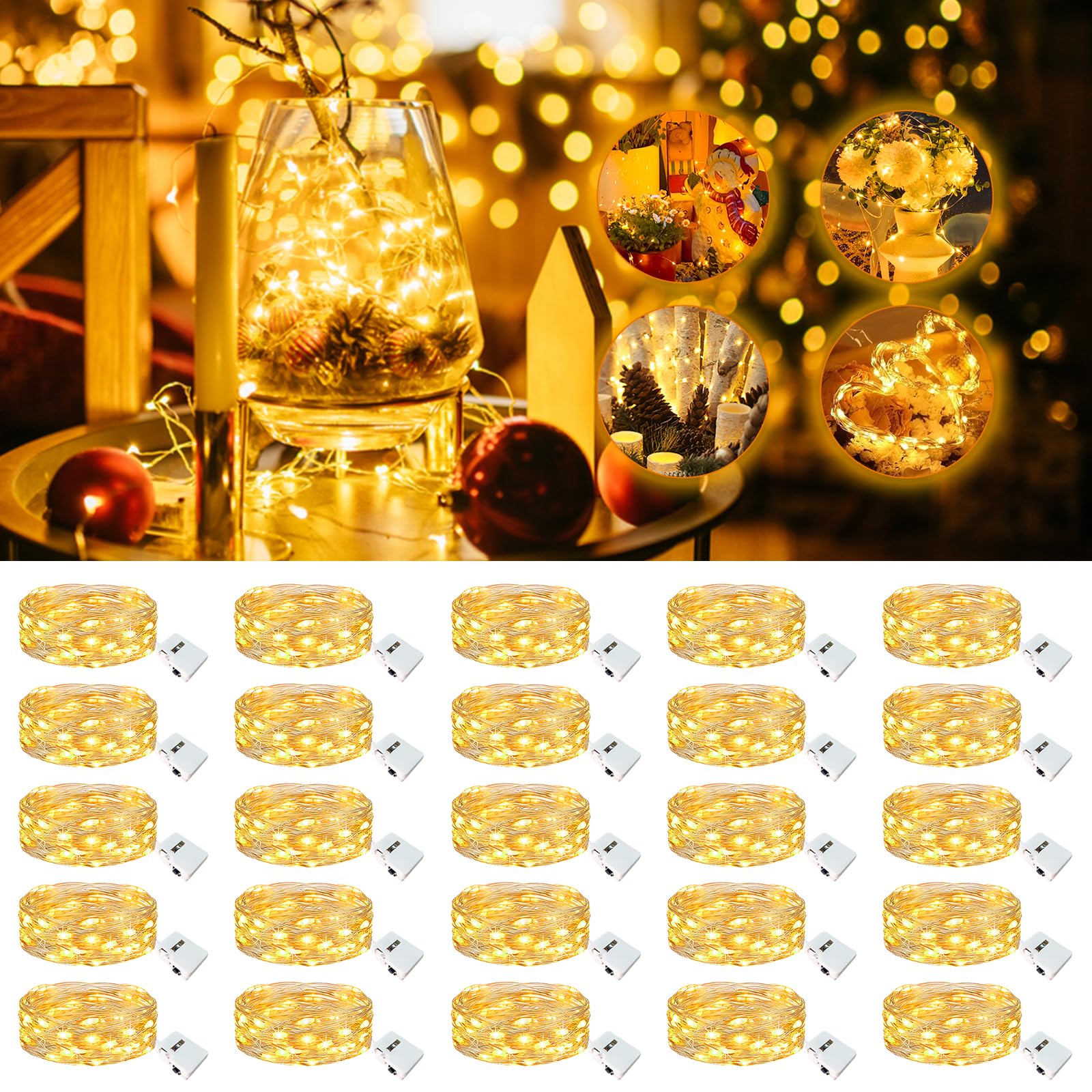 Fairdeer 20 Pack Fairy Lights Battery Operated - 7ft 20 Led Twinkle Lights 3 Modes  Bulk Mini String Lights Waterproof for Mason Jars Vases DIY Party Wedding Decoration Christmas -Warm White