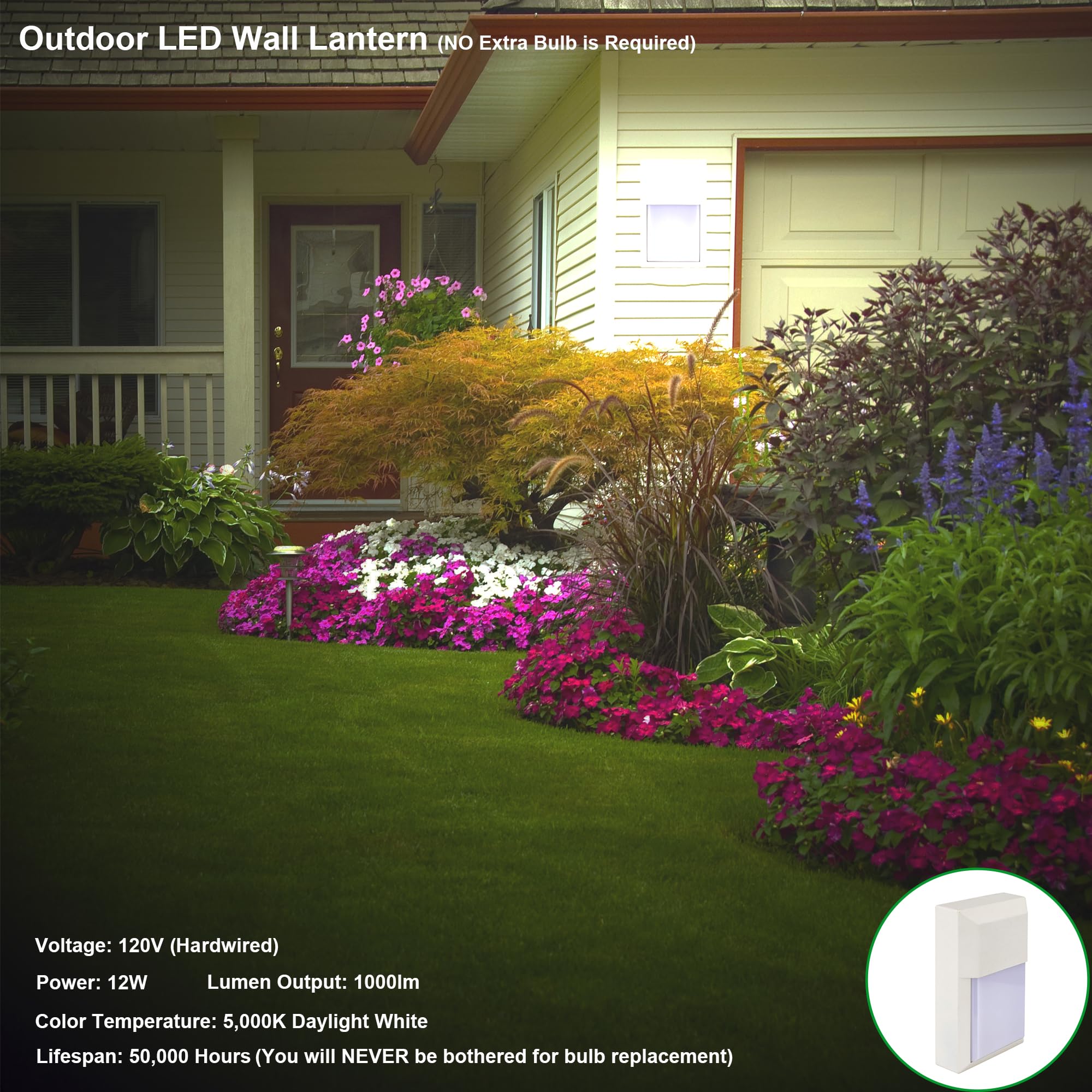 Lit-Path Outdoor Sconce Wall Light  Led Wall Lantern 5000K  Porch Lighting Fixture  12W 1000 Lumens  Aluminum Housing Plus Pc  White Finish  1-Pack