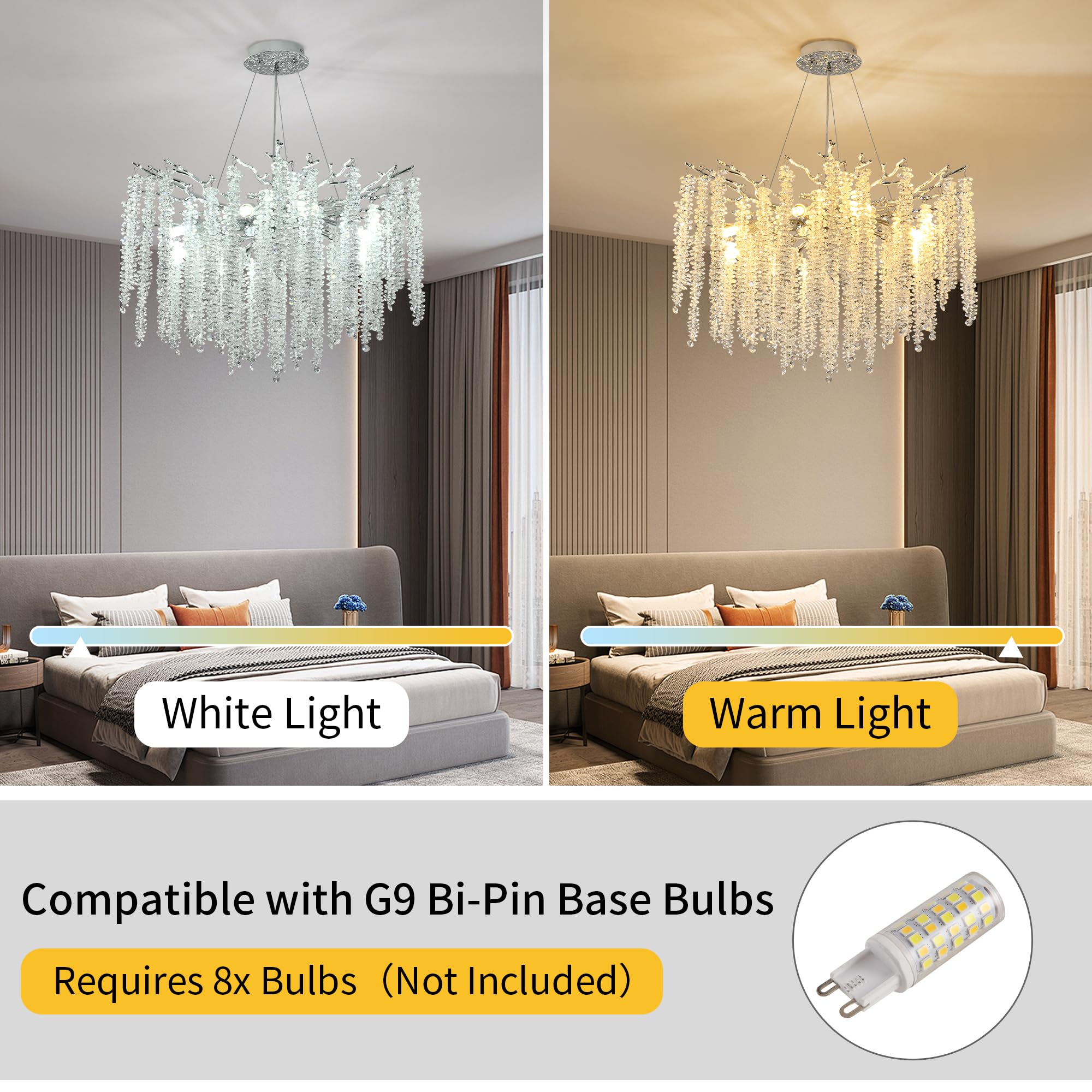 Upfelw Crystal Tree Branch Chandelier, 8 Lights, Polished Chrome, D 23.7in , Aluminum, Silver, Model UBC-S60-0428