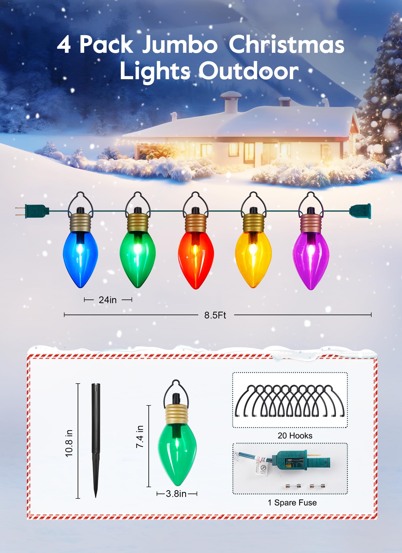 Brightown Jumbo Xmas String Lights - 4 Pack Multicolored Waterproof Pathway Marker Lights for Outdoor Holiday Decoration