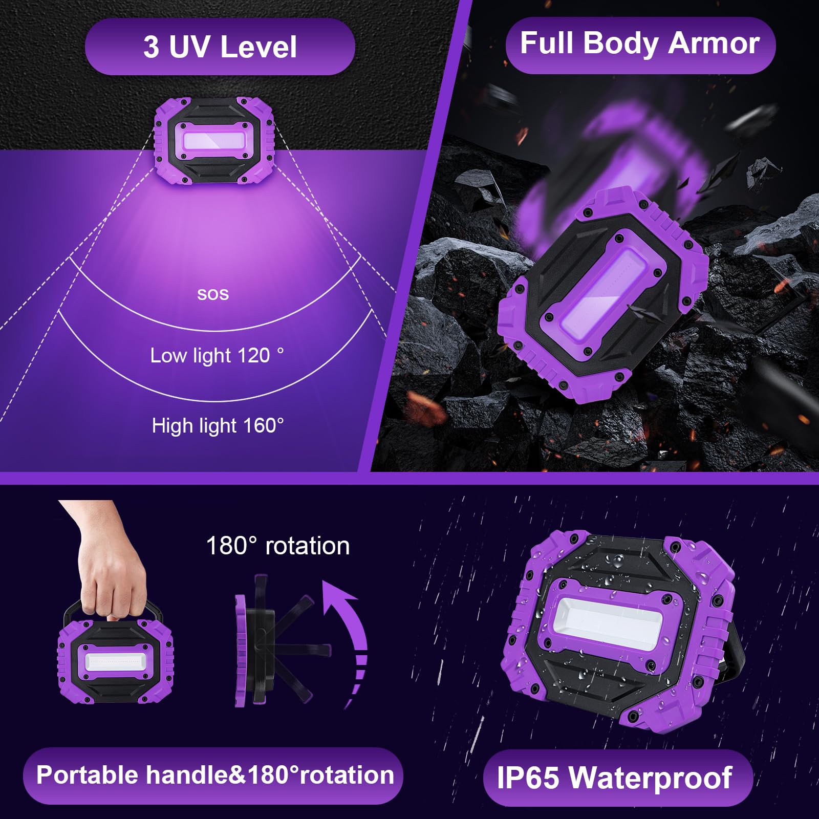 roperry 2 Pack Rechargeable Black Light, 5000mAh LED Ultraviolet Flood Light for Glow Parties, Catfishing, Halloween - Portable & Magnetic