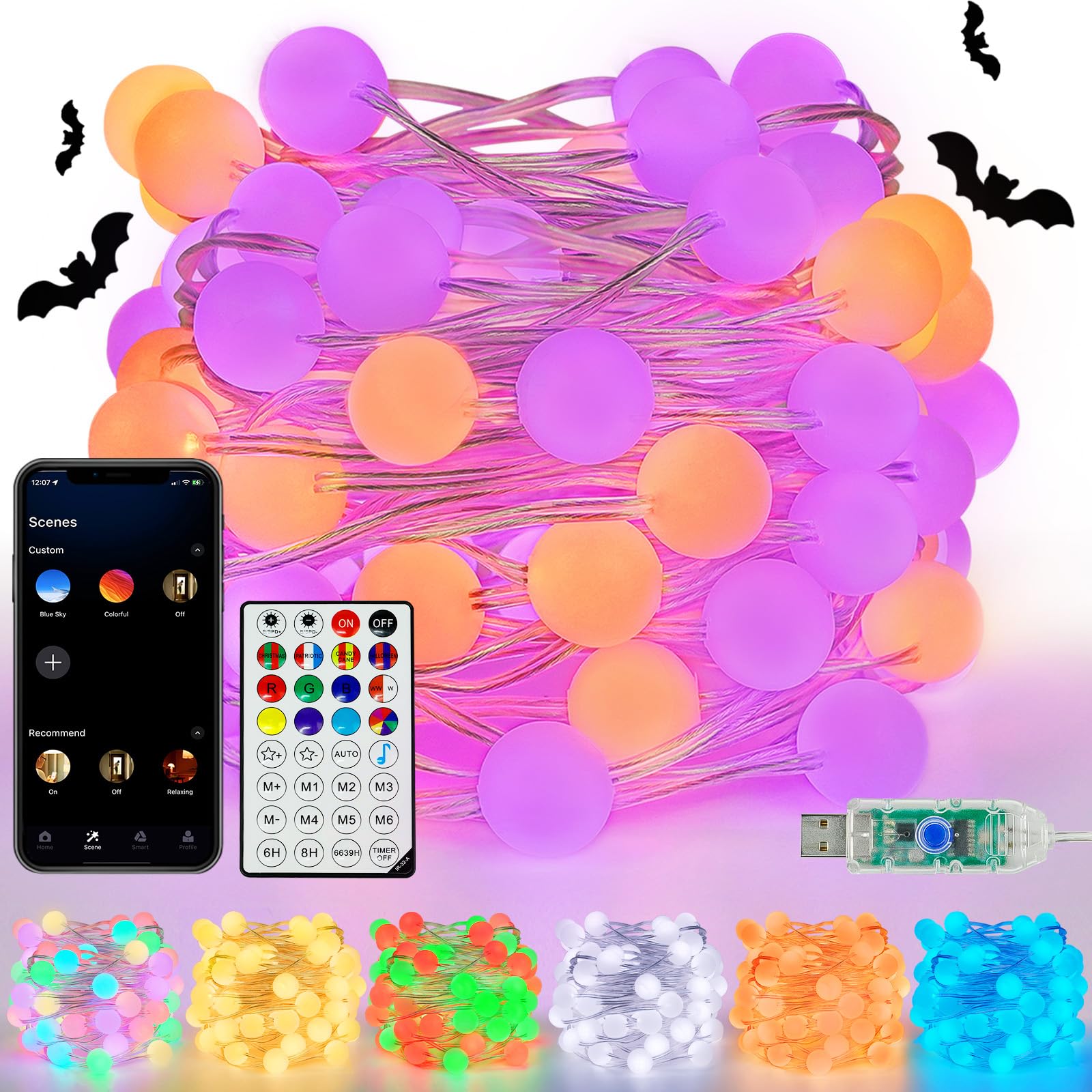 LORRYTE Smart Color Changing Globe String Lights, 33FT 66LED, App Control, Waterproof, Halloween Decorations