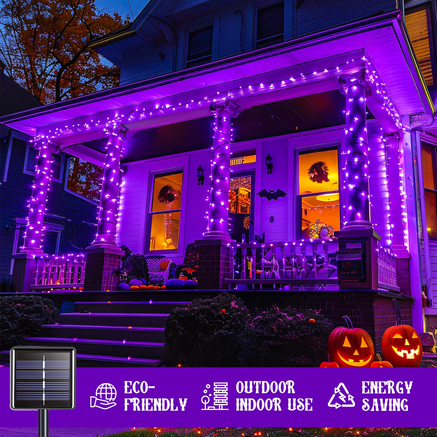 JMEXSUSS Solar Christmas Lights 100 LED 33ft Waterproof Purple 8 Modes, Model EXS-S-0100, 2 Pack