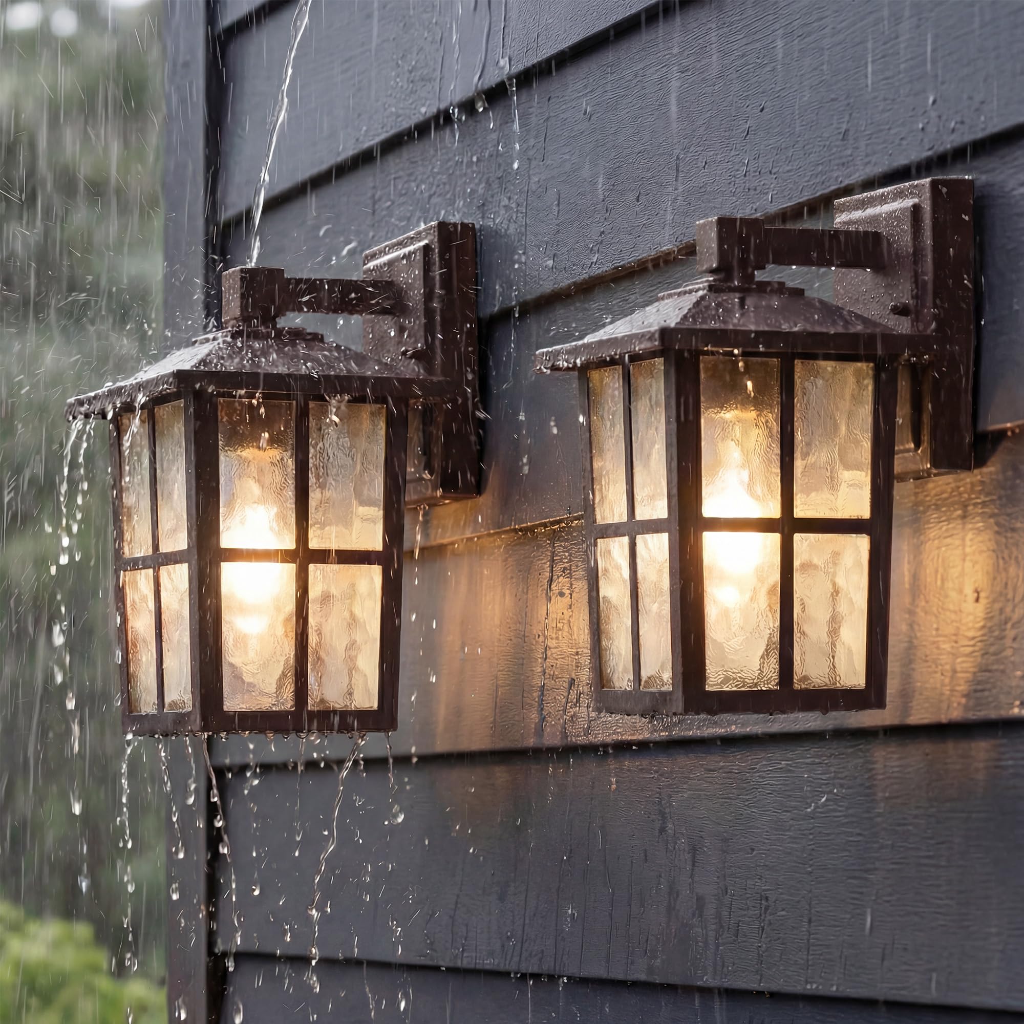 KDG Outdoor Waterproof Patio Wall Light Fixtures Set of 2, Brown E26 Socket Exterior Lanterns with Tempered Glass, Modern Wall M