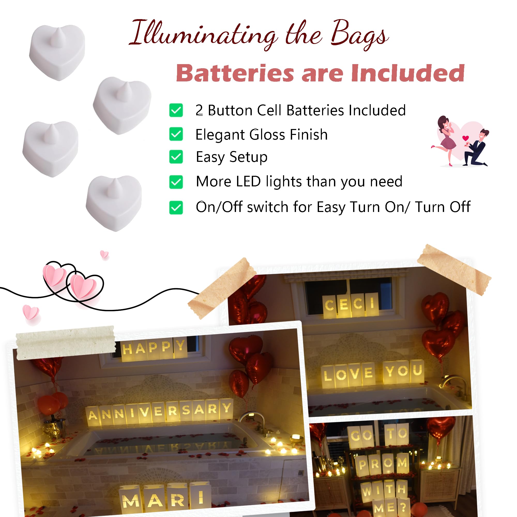 Luminary Bags With Led Tea Light Candles, Balloons, And Rose Petals - Romantic Decorations For Proposals, Anniversaries, And Spe