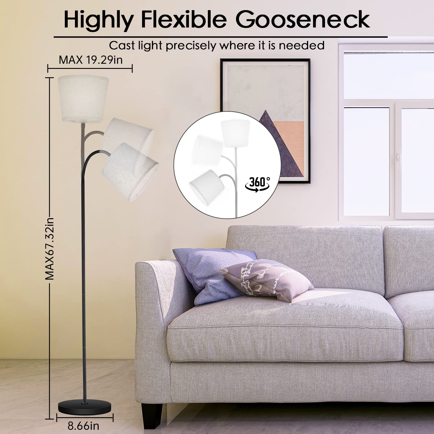 Auquee Led Floor Lamp With Adjustable Gooseneck, Beige Linen Shade, 12W Bulb Included