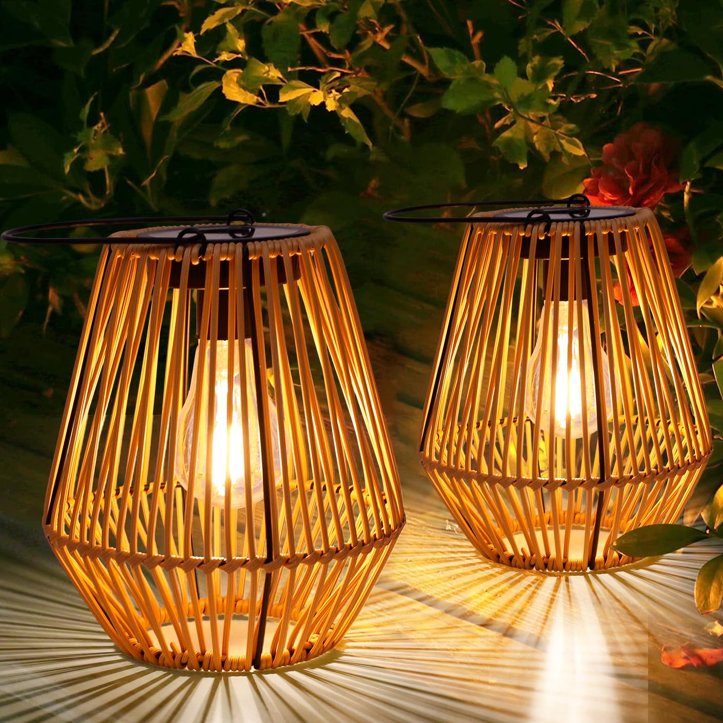 Solar Lantern 2 Pack Solar Wicker Lanterns Outdoor Waterproof Boho Lights for Outside Hanging Rattan Lights Outdoor Patio Lanterns Decoration for Garden Yard Porch Trees Lawn Pathway