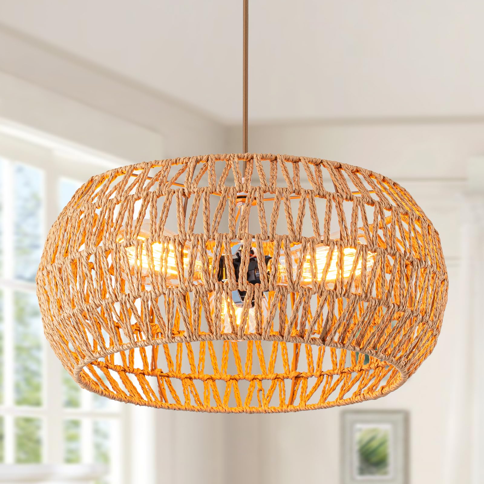 Rattan Light Fixture Dinning Room Pendant Light Boho Chandelier Hanging Light Ceiling Mount Hand Woven Lamp Shade 3-light Drum C