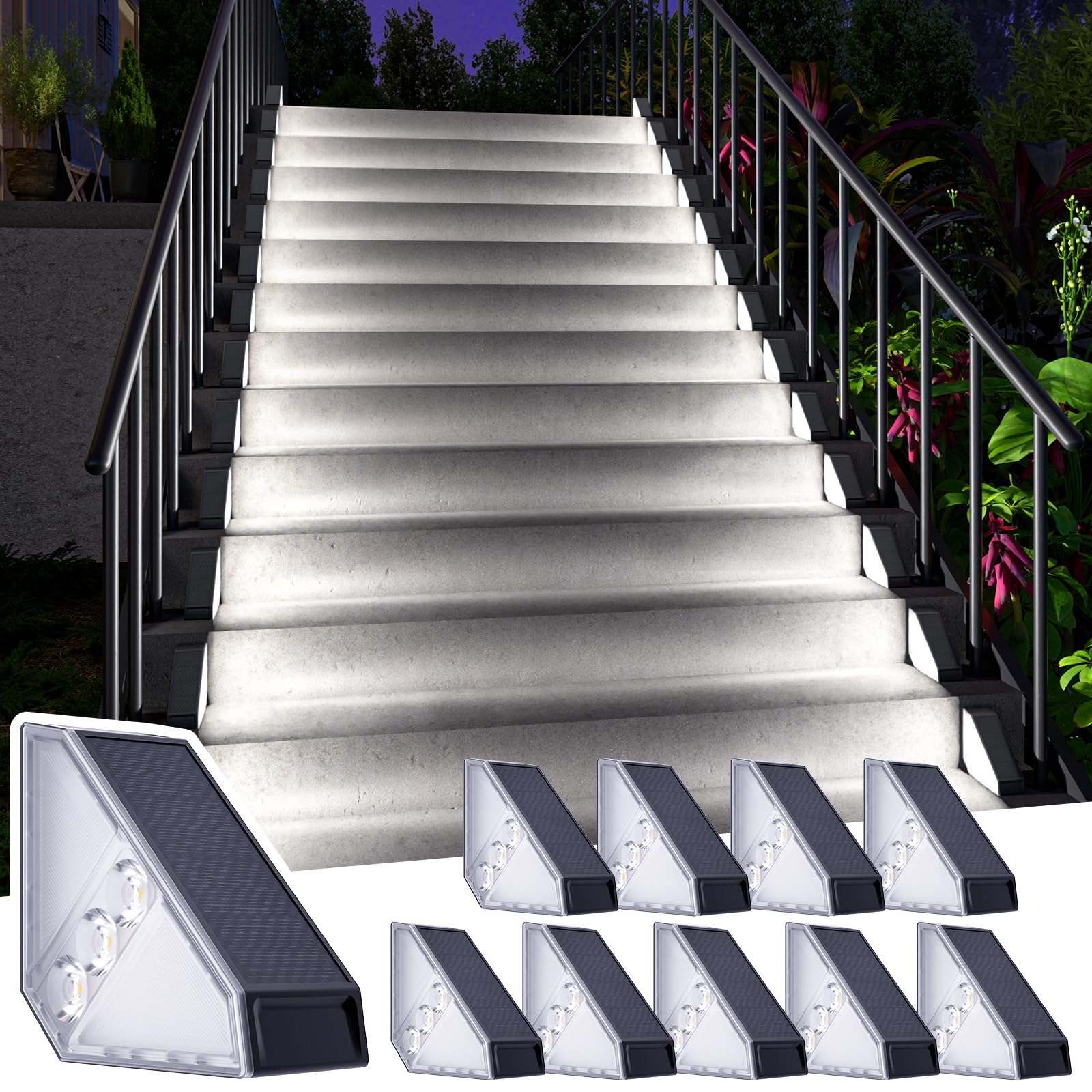 Roshwey Solar Step Lights For Outside  10 Pack Solar Stair Lights Outdoor Waterproof  Triangle Deck Step Lights Solar Powered  Outdoor Decor Lighting For Front Porch  Backyard  Patio  Cool White