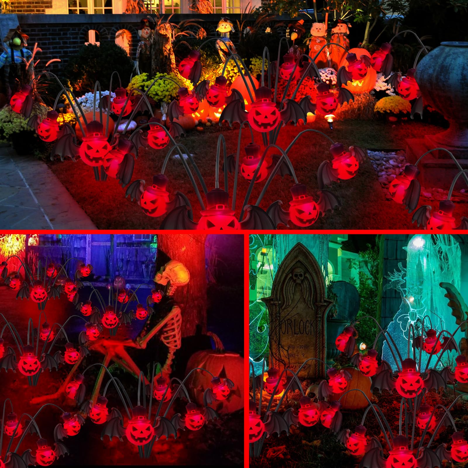 2Packs 12Led Halloween Decorations Solar Garden Lights Outdoor,3D Scary Red Bat&Pumpkin Swaying Firefly Lights For Spooky Hallow